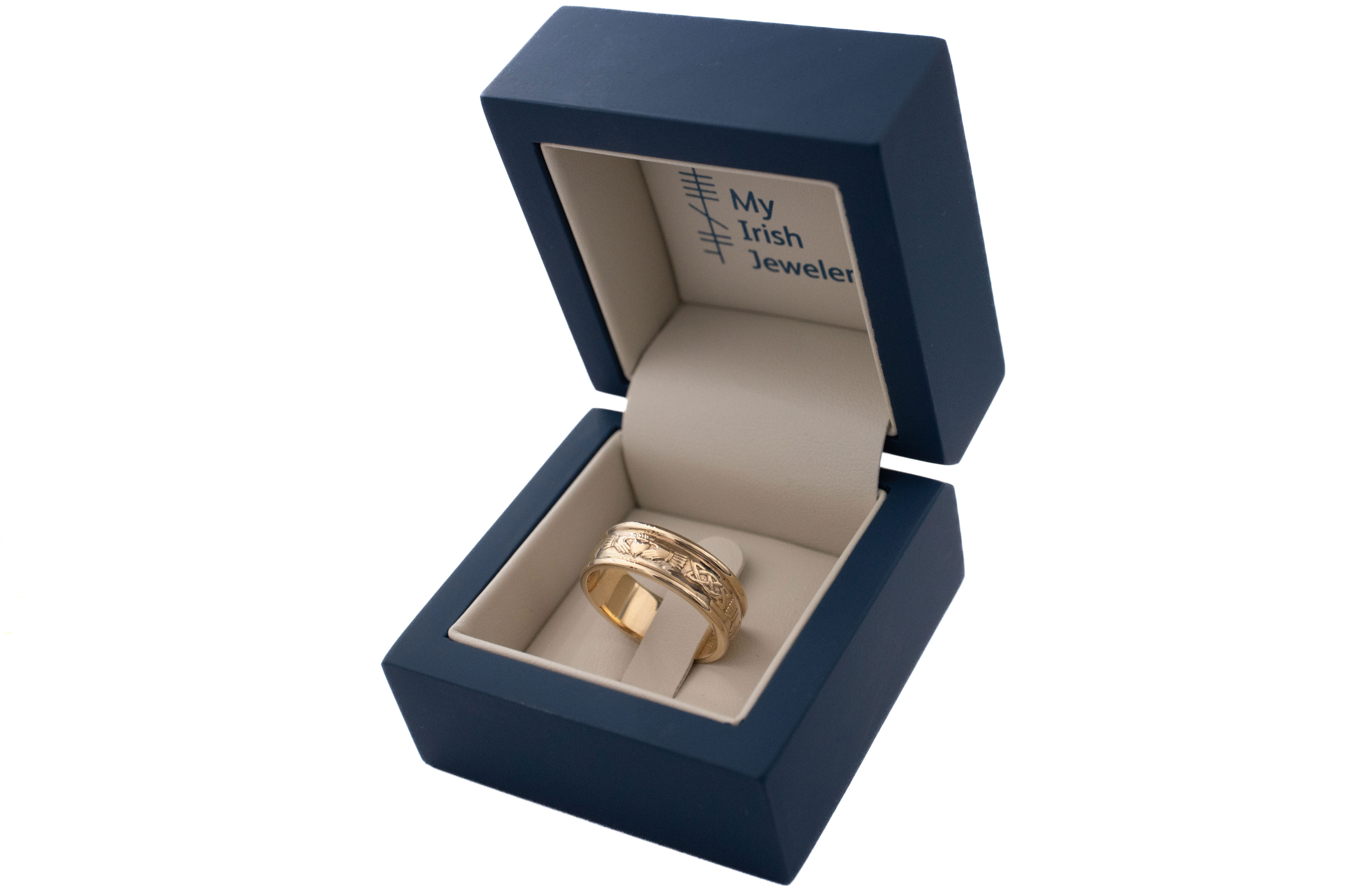 Attractive Yellow Gold Claddagh & Celtic Knot 6.7mm Ring With a Polished Finish For Men. In Luxury Packaging.