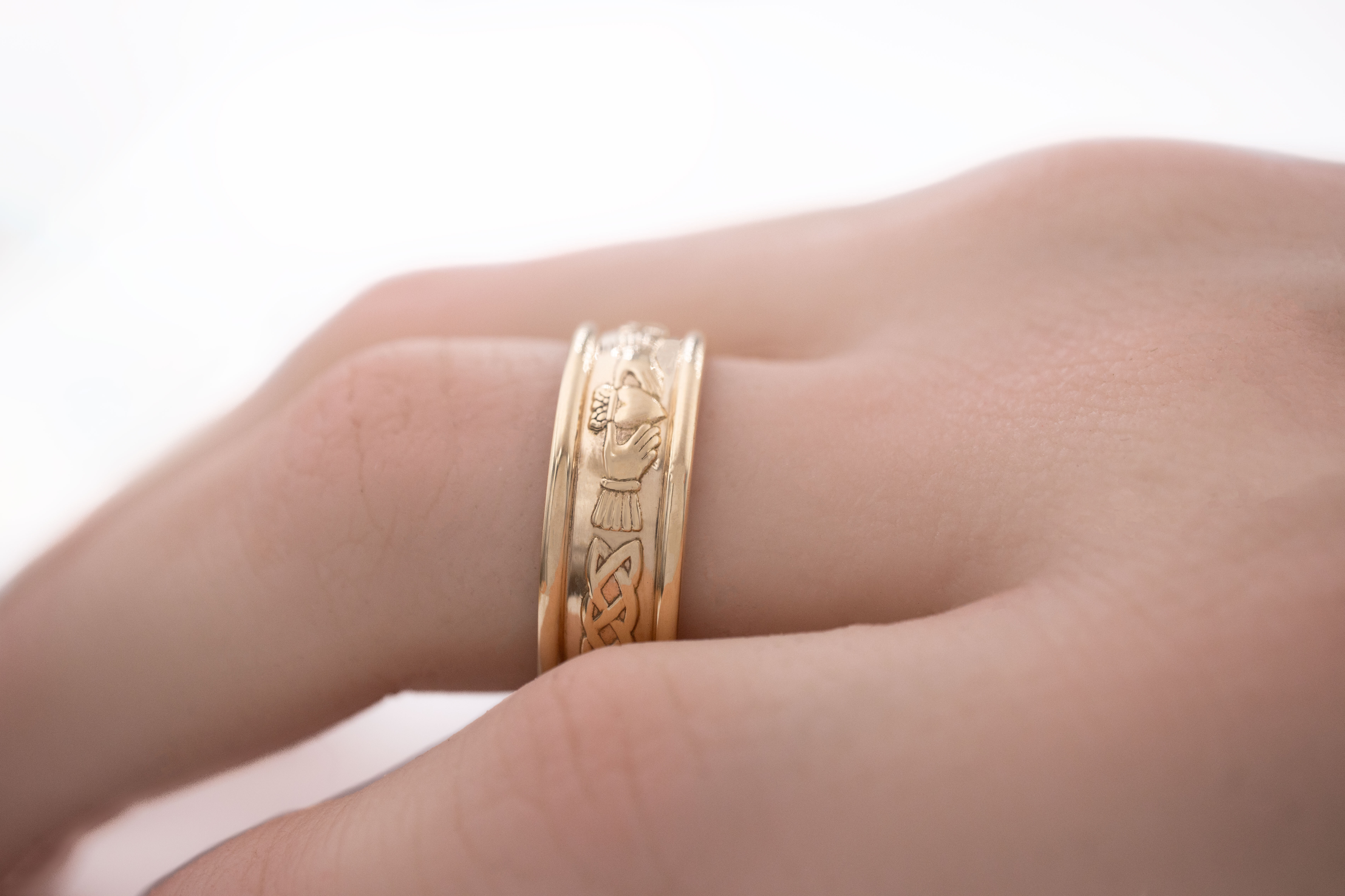 Mens Polished Claddagh 5.0mm Ring in Real 18K Yellow Gold - Model Photo