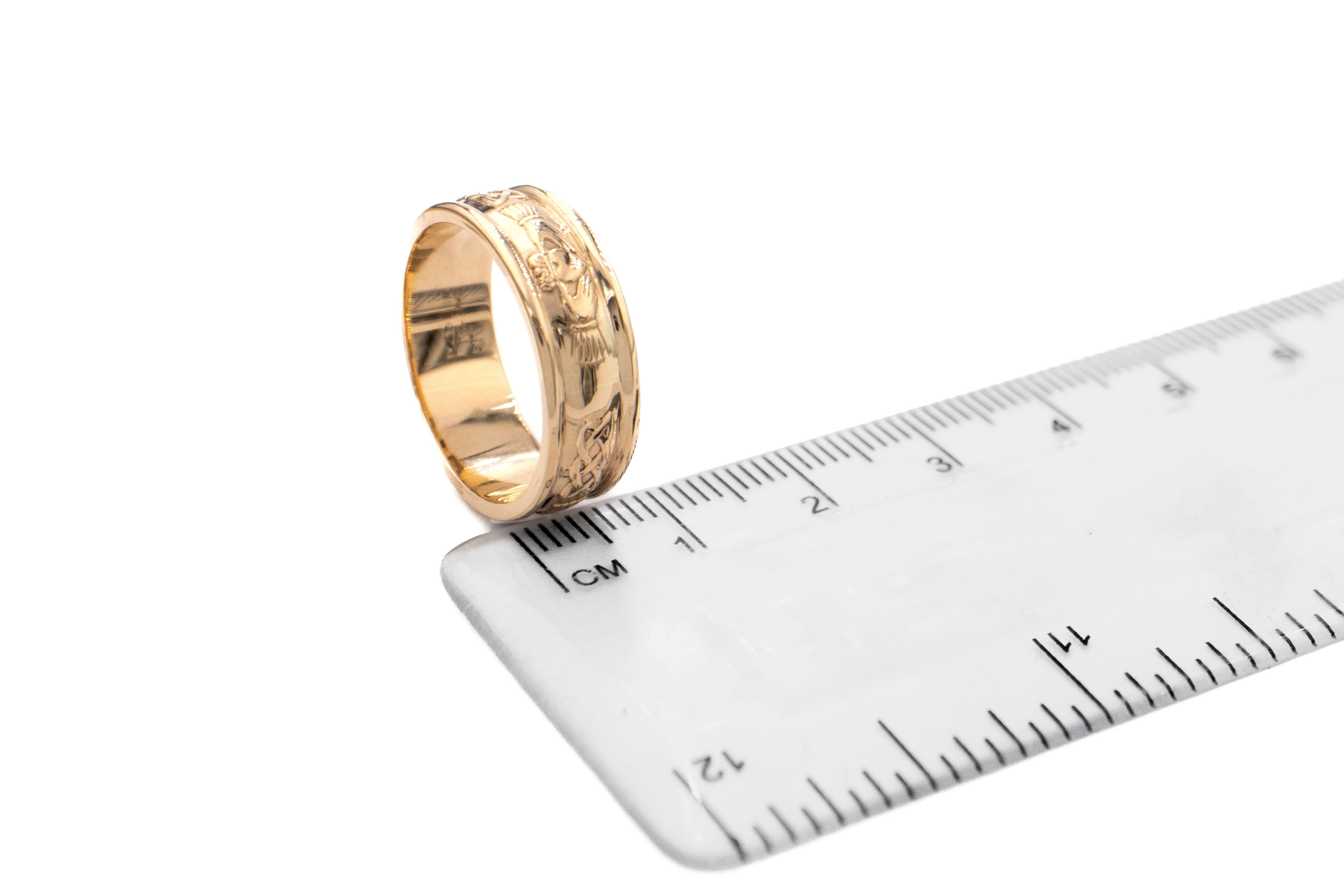 Mens Genuine Polished 18K Yellow Gold Claddagh Ring. Picture For Scale.