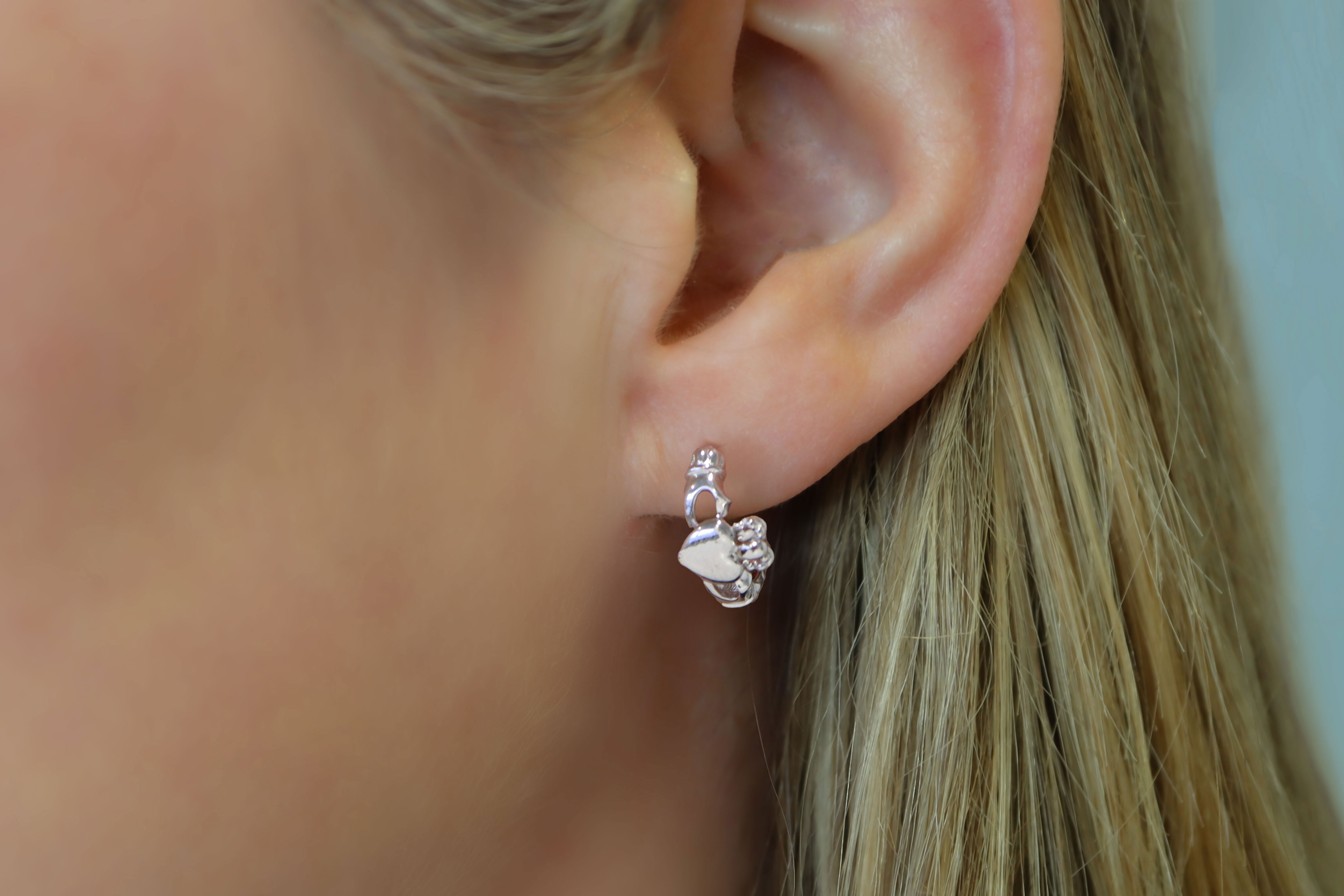 Womens Genuine Polished Sterling Silver Claddagh Earrings - Model Photo
