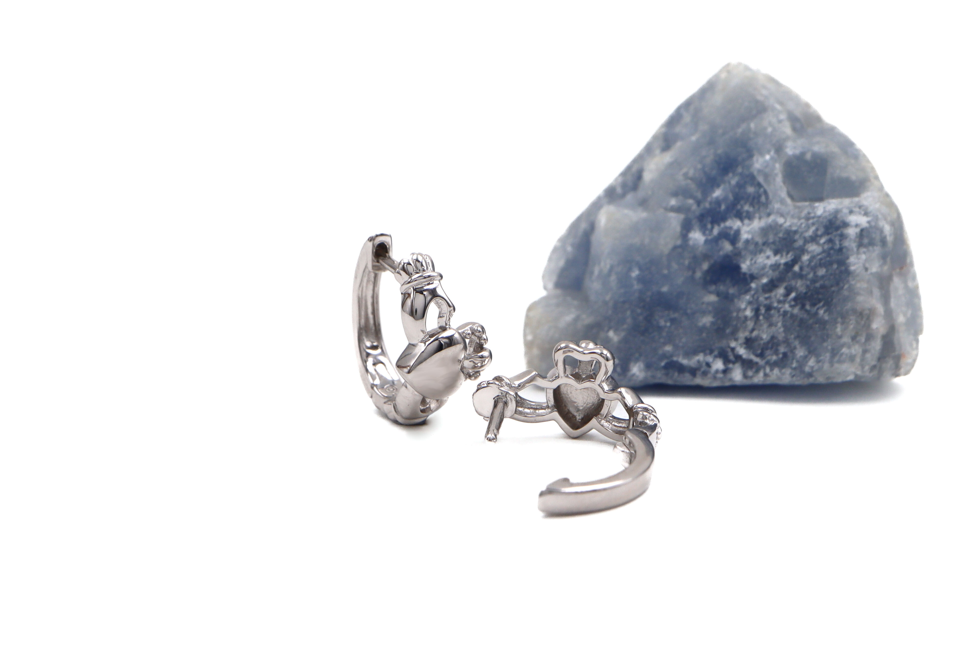 Womens Polished Claddagh Earrings in Real Sterling Silver. Photographed Open.