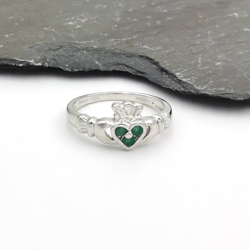 14K Gold Claddagh Ring Set with 3 Emeralds