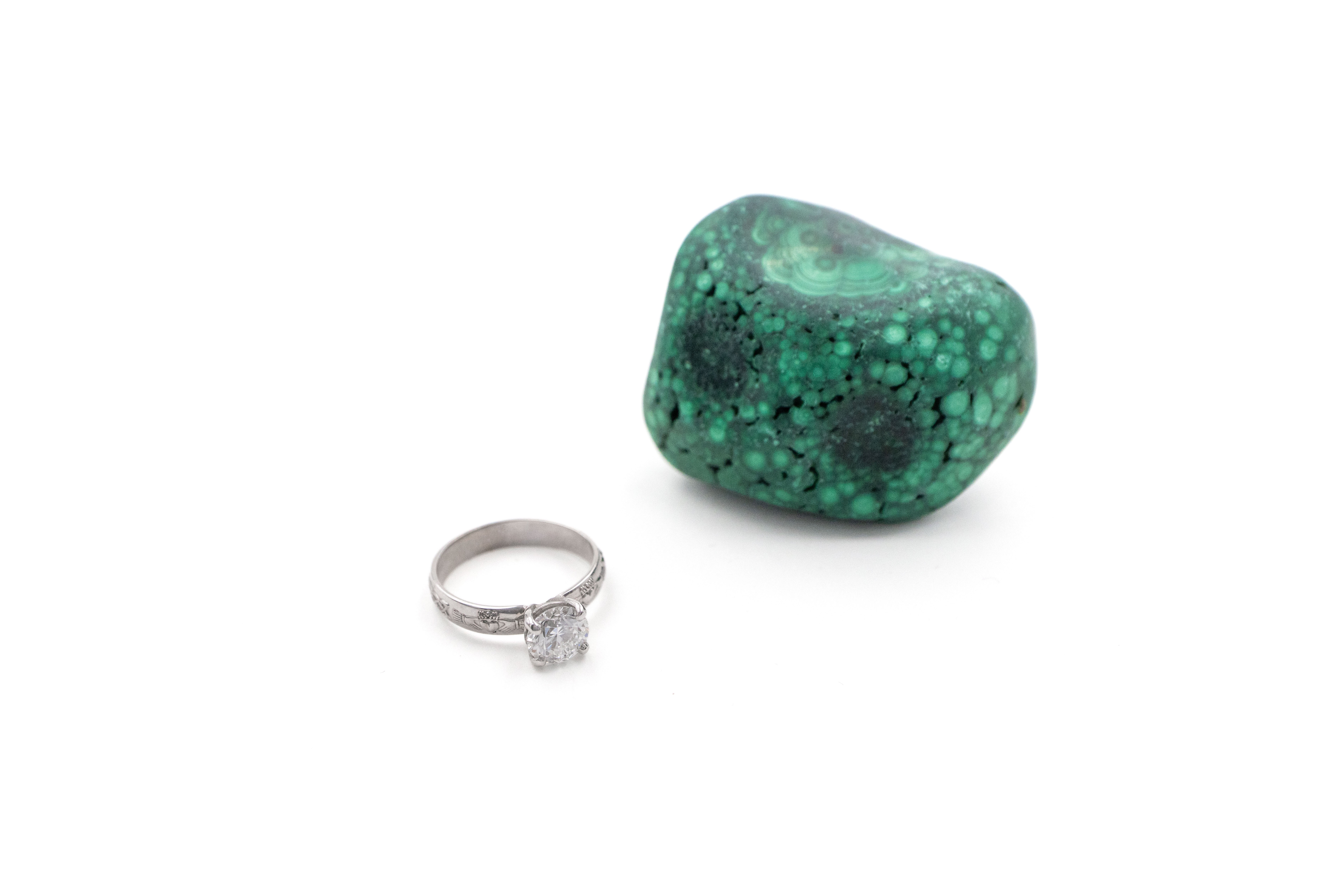 Genuine 14K White Gold Claddagh Engagement Ring For Women With a Polished Finish. Side View.