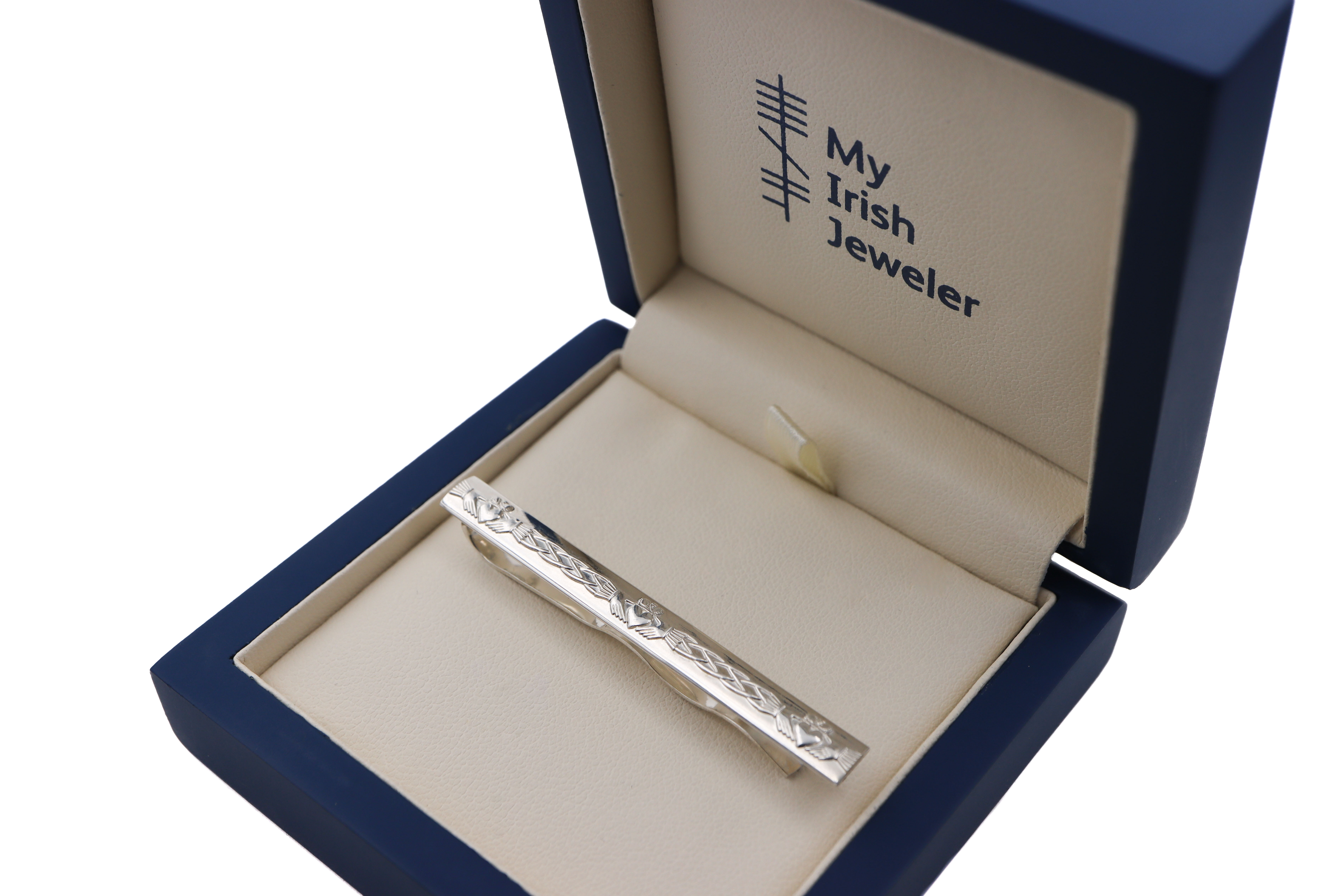 Real Sterling Silver Claddagh Tie Bar With a Polished Finish For Men. In Luxury Packaging.