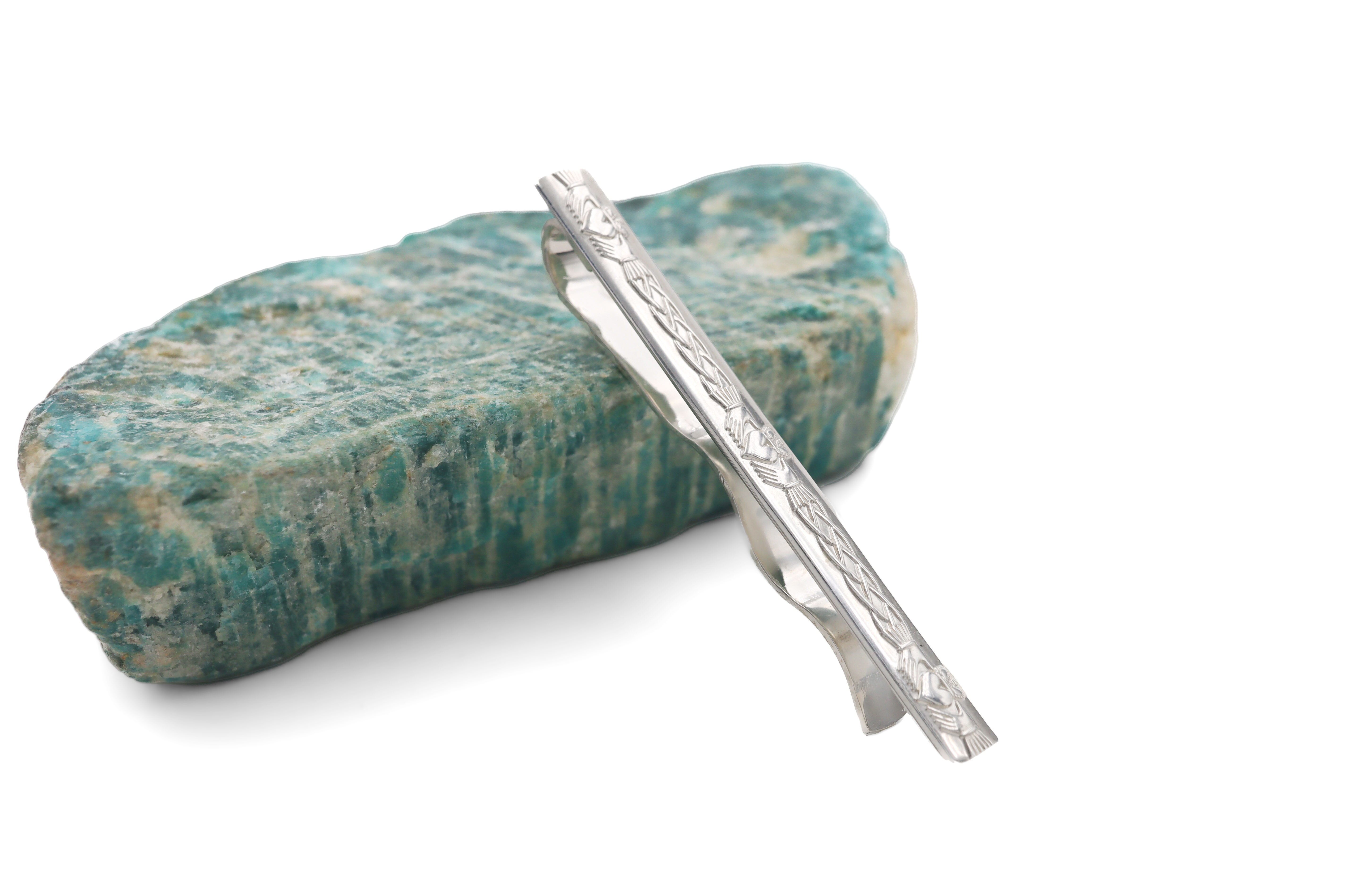 Mens Authentic Polished Sterling Silver Claddagh Tie Bar. Side View.