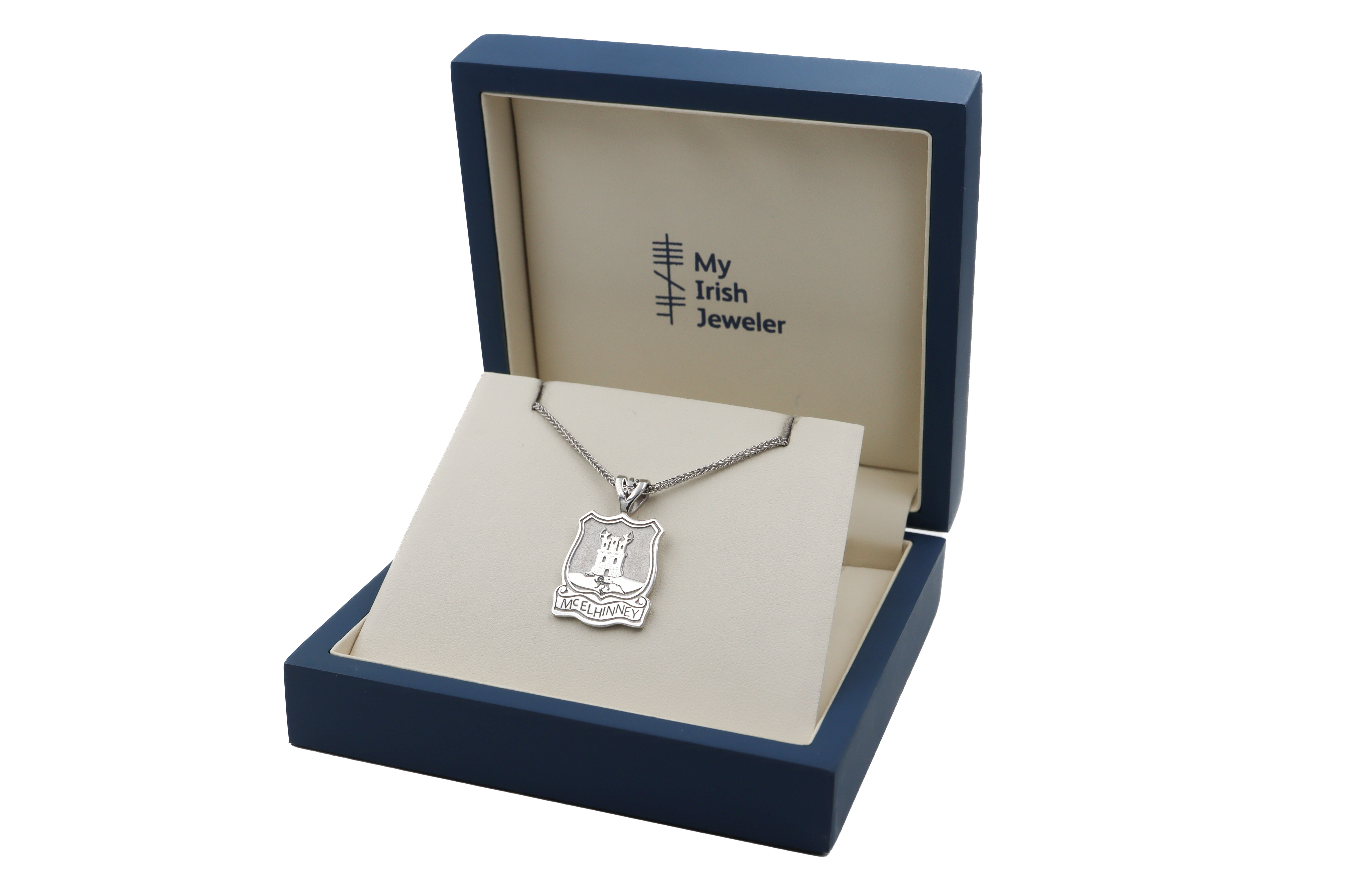 14K White Gold Family Crest Necklace. In Luxury Packaging.