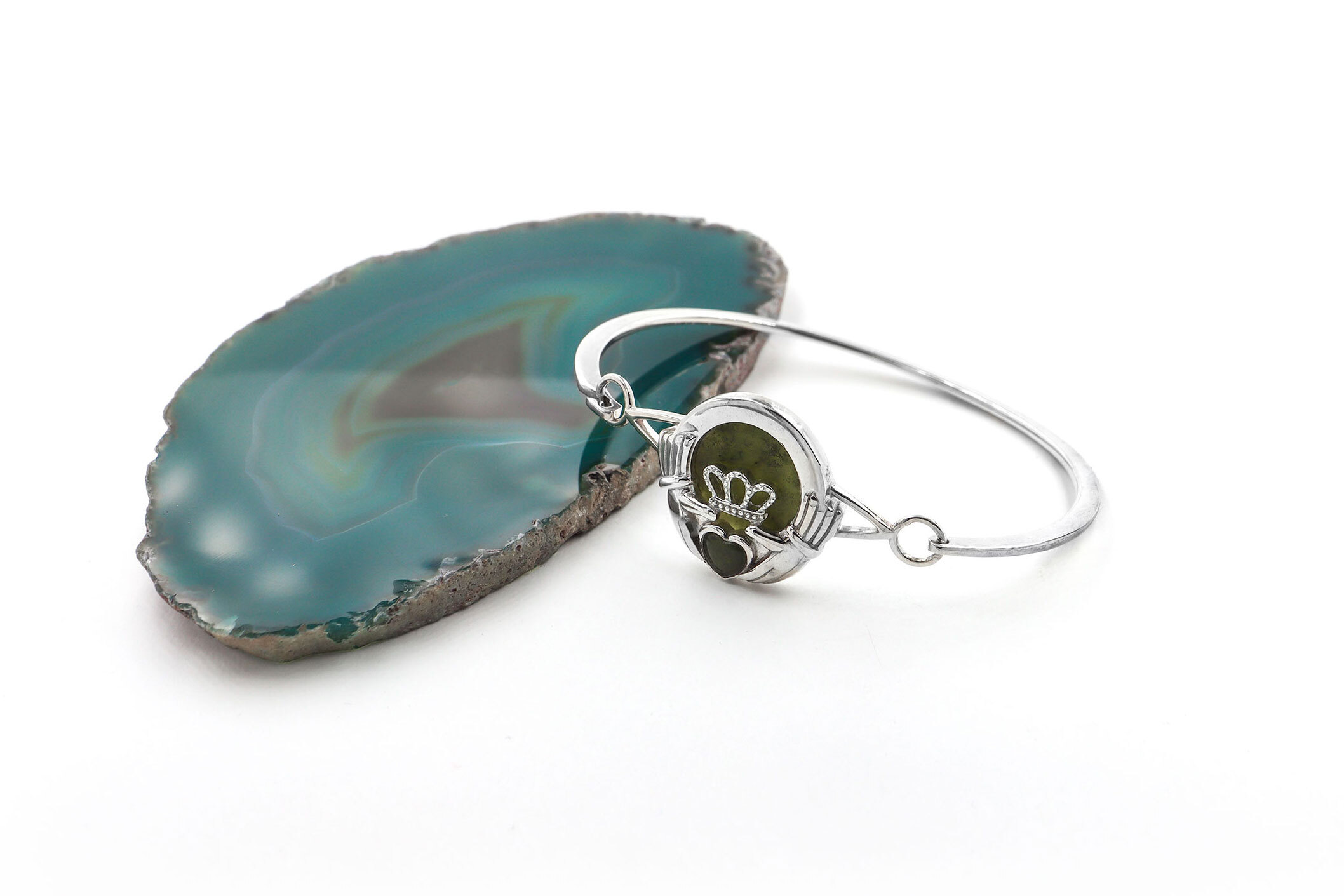 Real Sterling Silver Claddagh & Connemara Marble Bracelet For Women