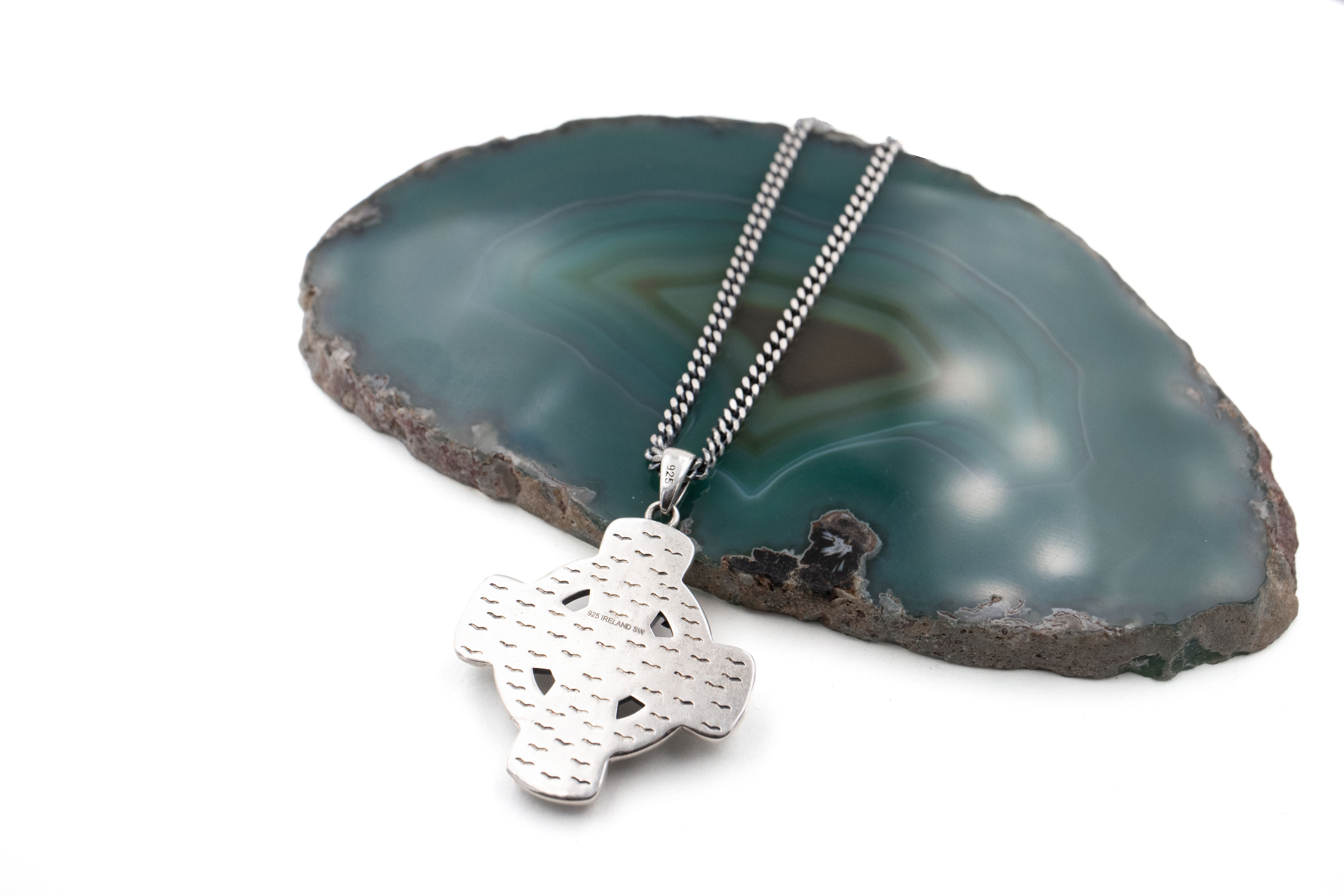 Attractive Sterling Silver Celtic Cross & Connemara Marble Necklace. Picture Of The Back.
