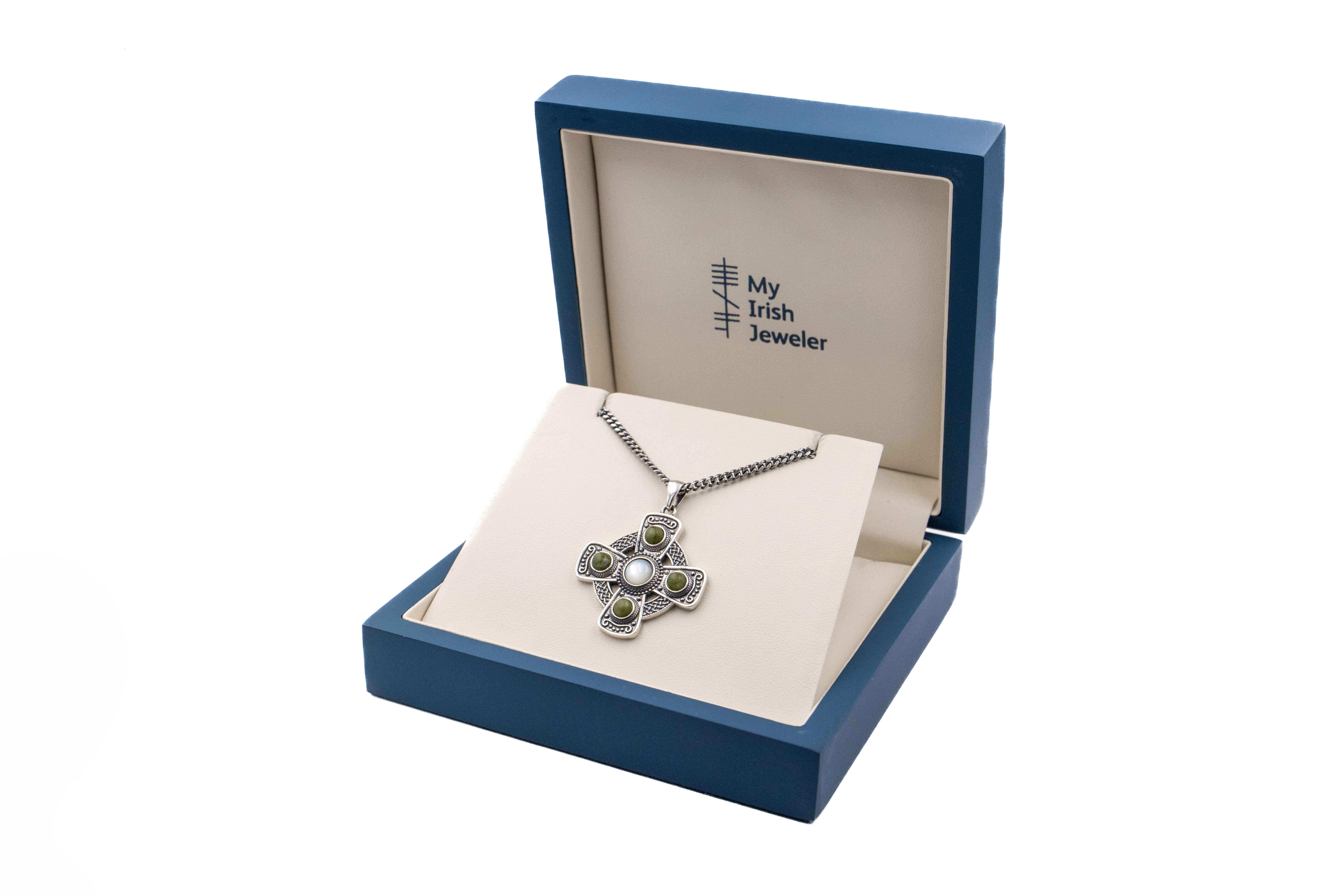Striking Sterling Silver Celtic Cross & Connemara Marble Necklace. In Luxury Packaging.