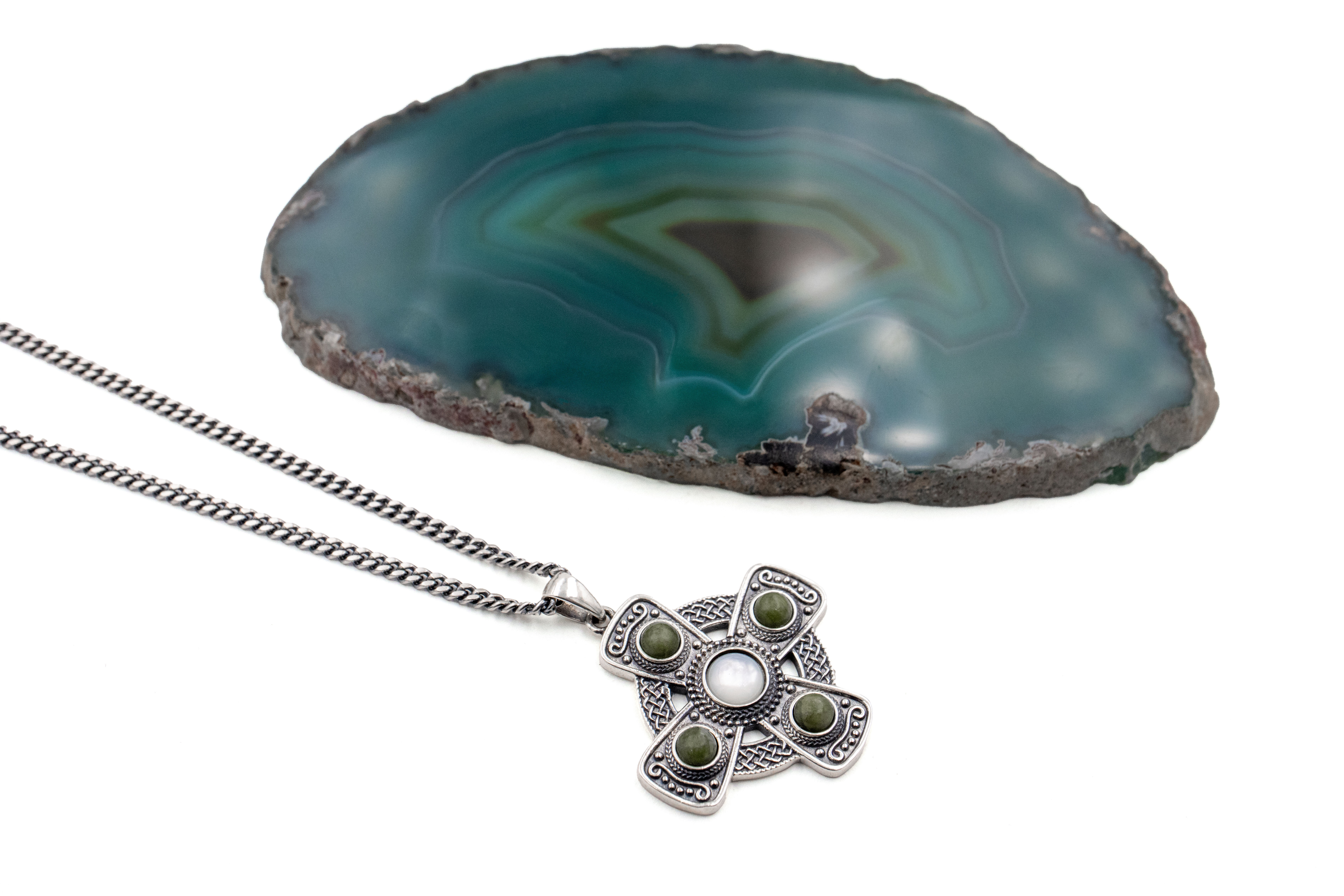 Attractive Sterling Silver Celtic Cross & Connemara Marble Necklace. Pictured Flat.