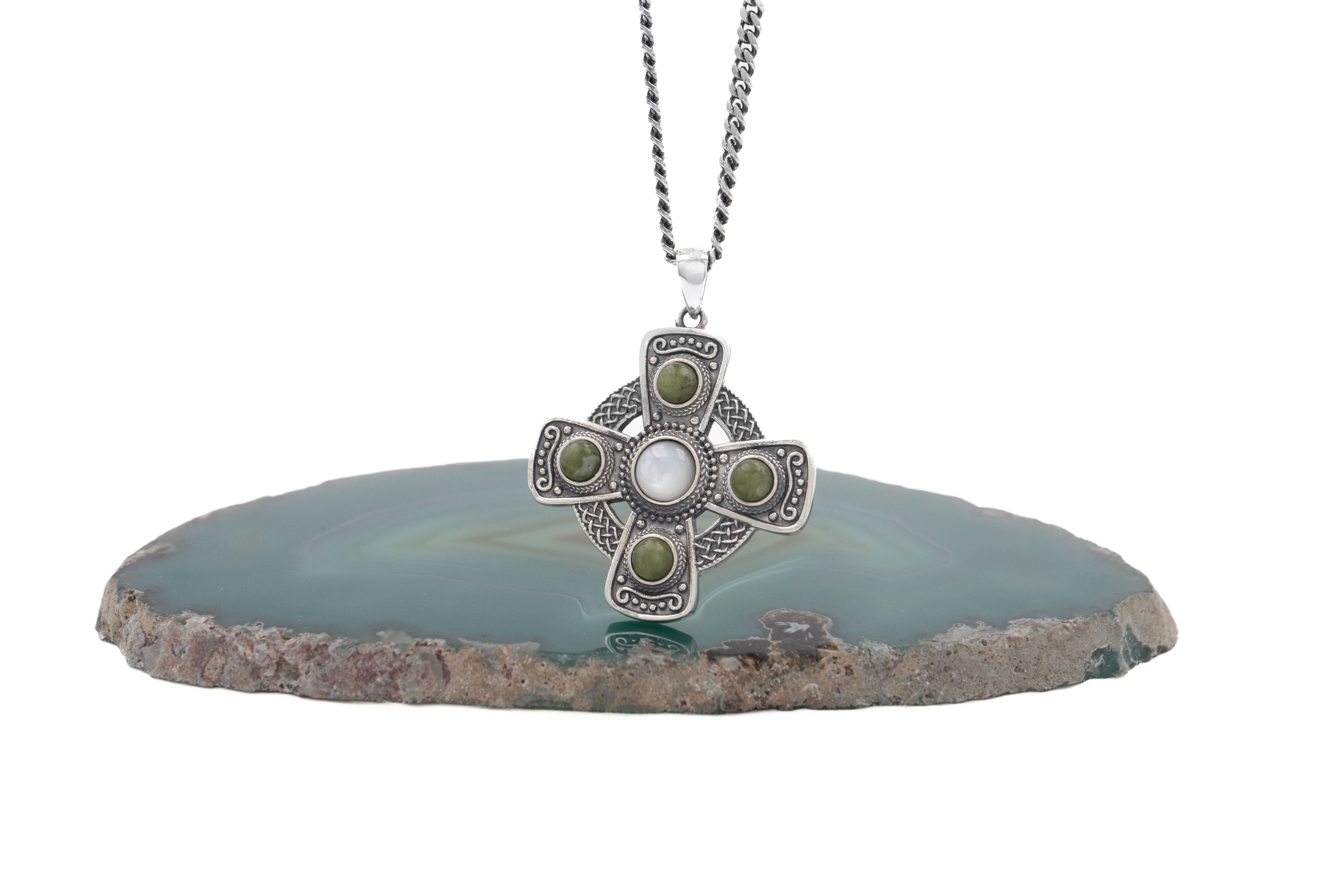 Gorgeous Sterling Silver Celtic Cross & Connemara Marble Necklace