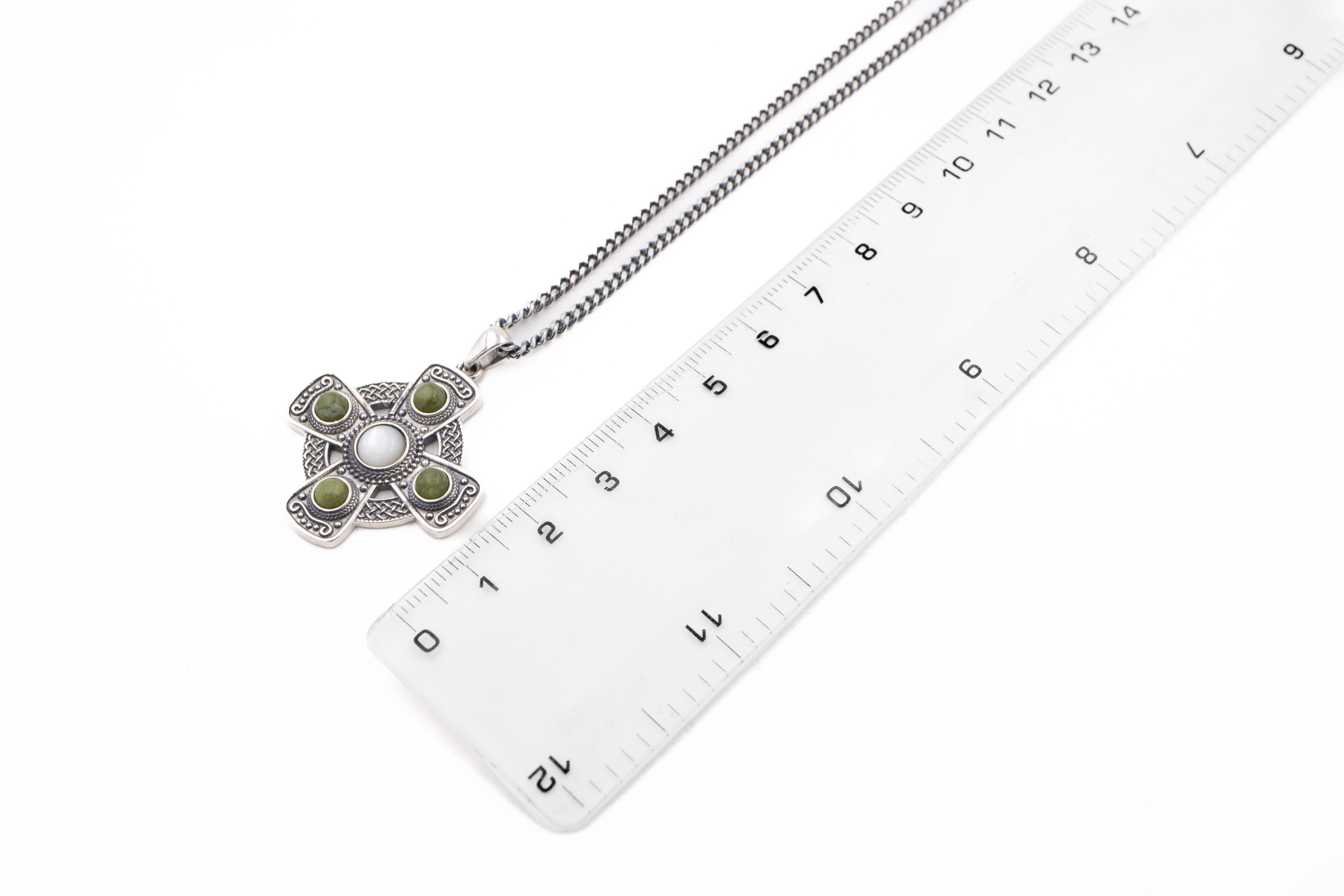 Attractive Sterling Silver Celtic Cross & Connemara Marble Necklace. Picture For Scale.