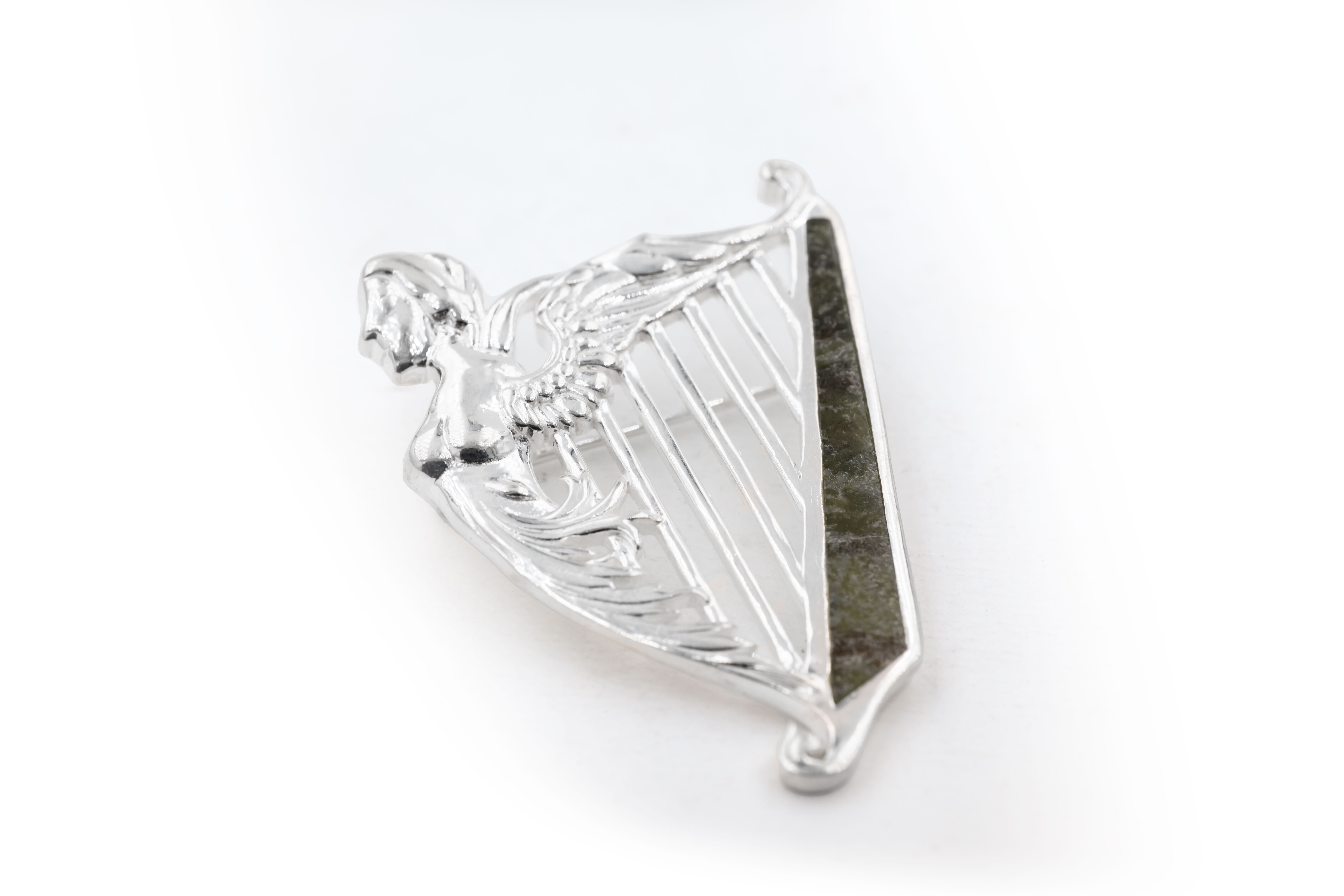 Polished Irish Harp & Celtic Knot & Connemara Marble Brooch in Real Sterling Silver