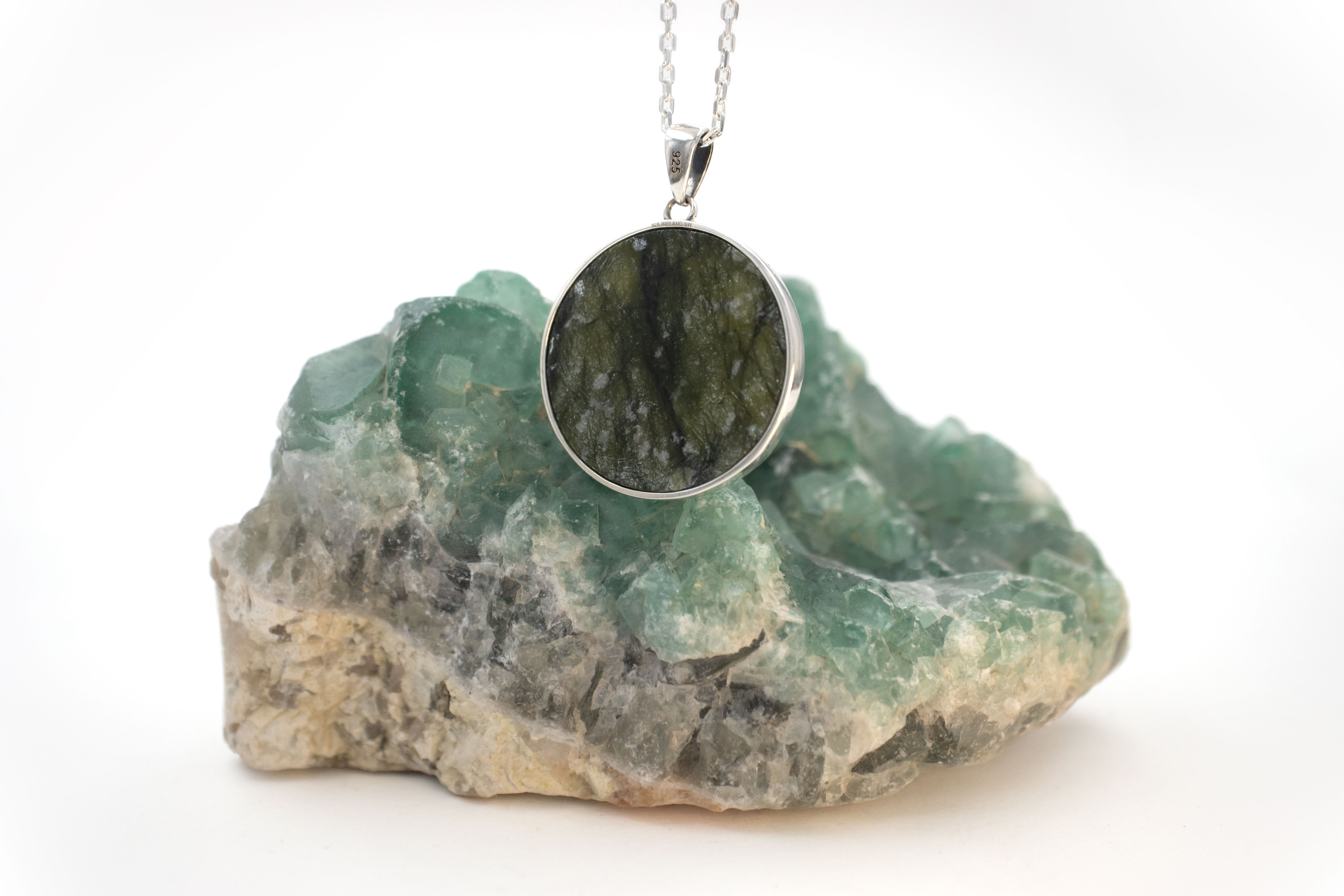 Irish Sterling Silver Connemara Marble & St Christopher & Medals and Medallions Necklace With a Polished Finish. Picture Of The Back.