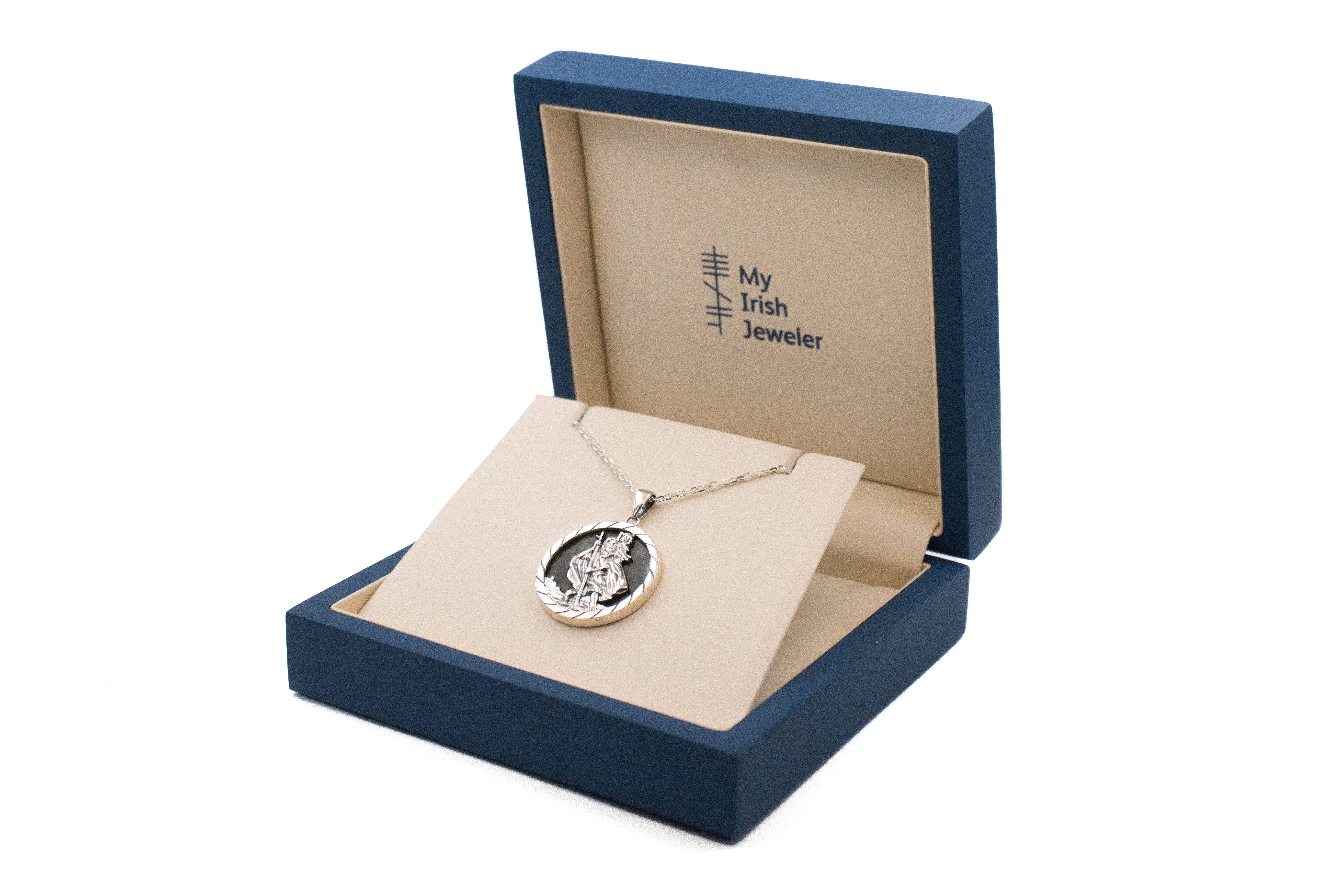 Connemara Marble & St Christopher & Medals and Medallions Necklace in Sterling Silver With a Polished Finish. In Luxury Packaging.