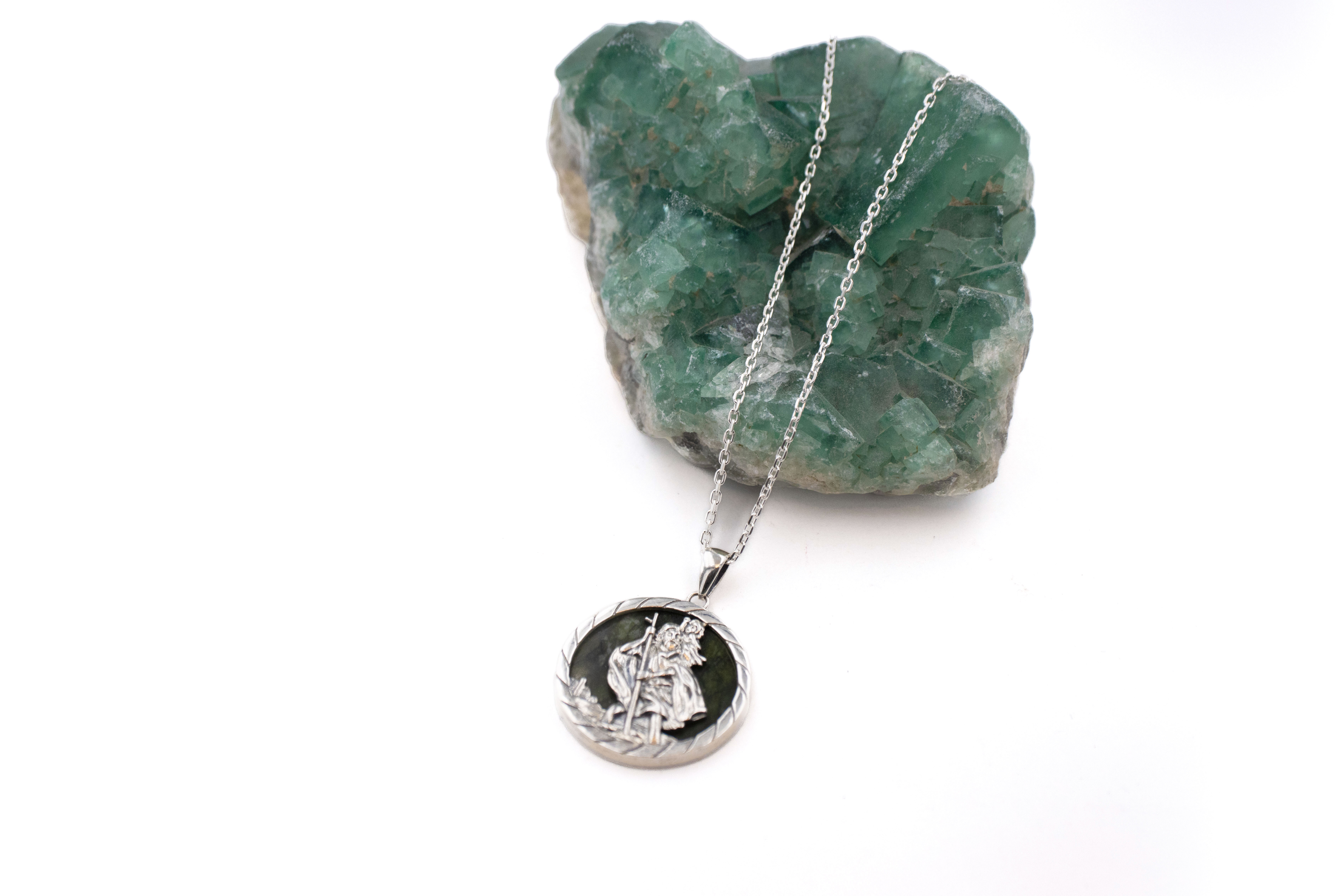 Polished Sterling Silver Connemara Marble Necklace. Pictured Flat.