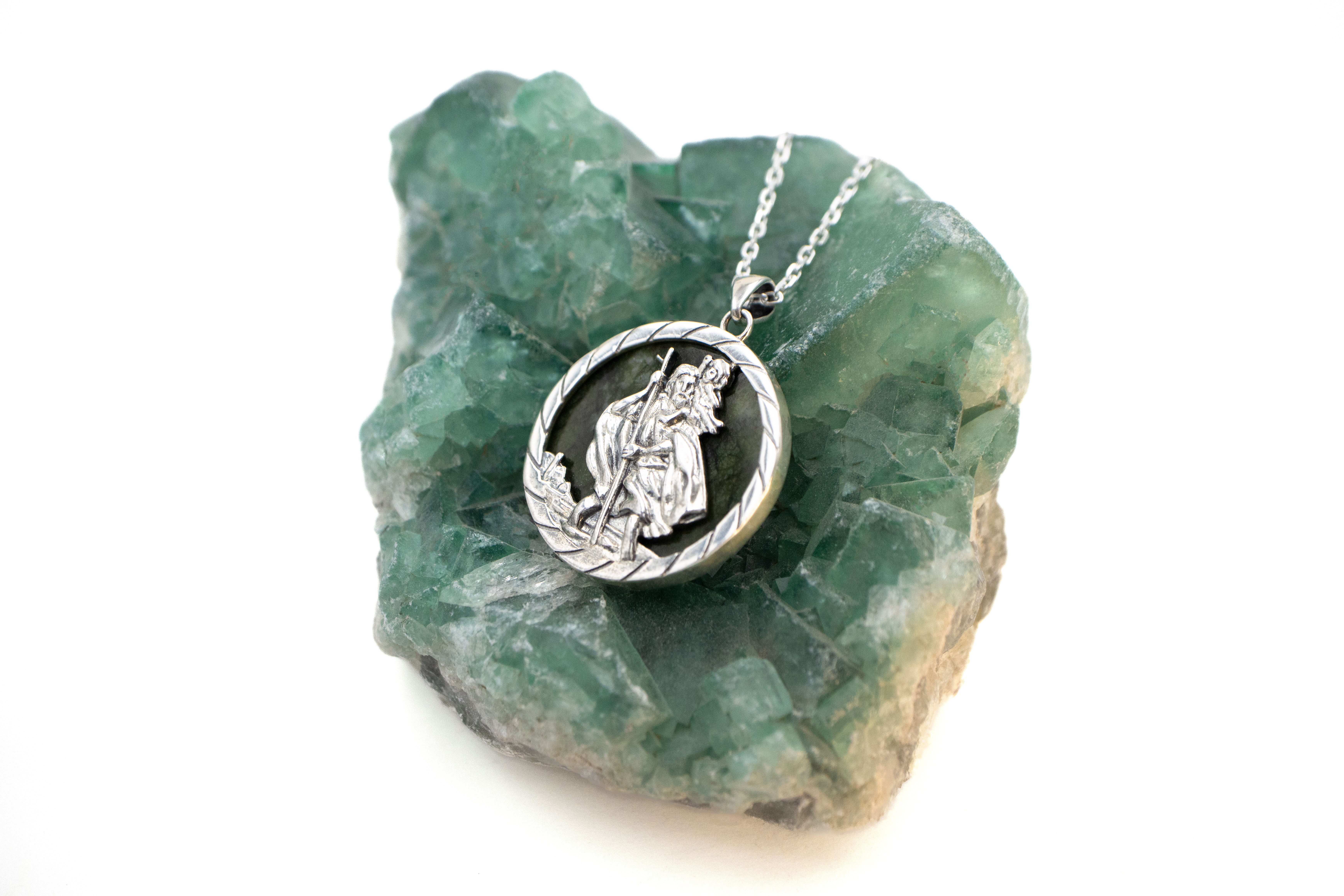 Real Sterling Silver Connemara Marble & St Christopher & Medals and Medallions Necklace With a Polished Finish