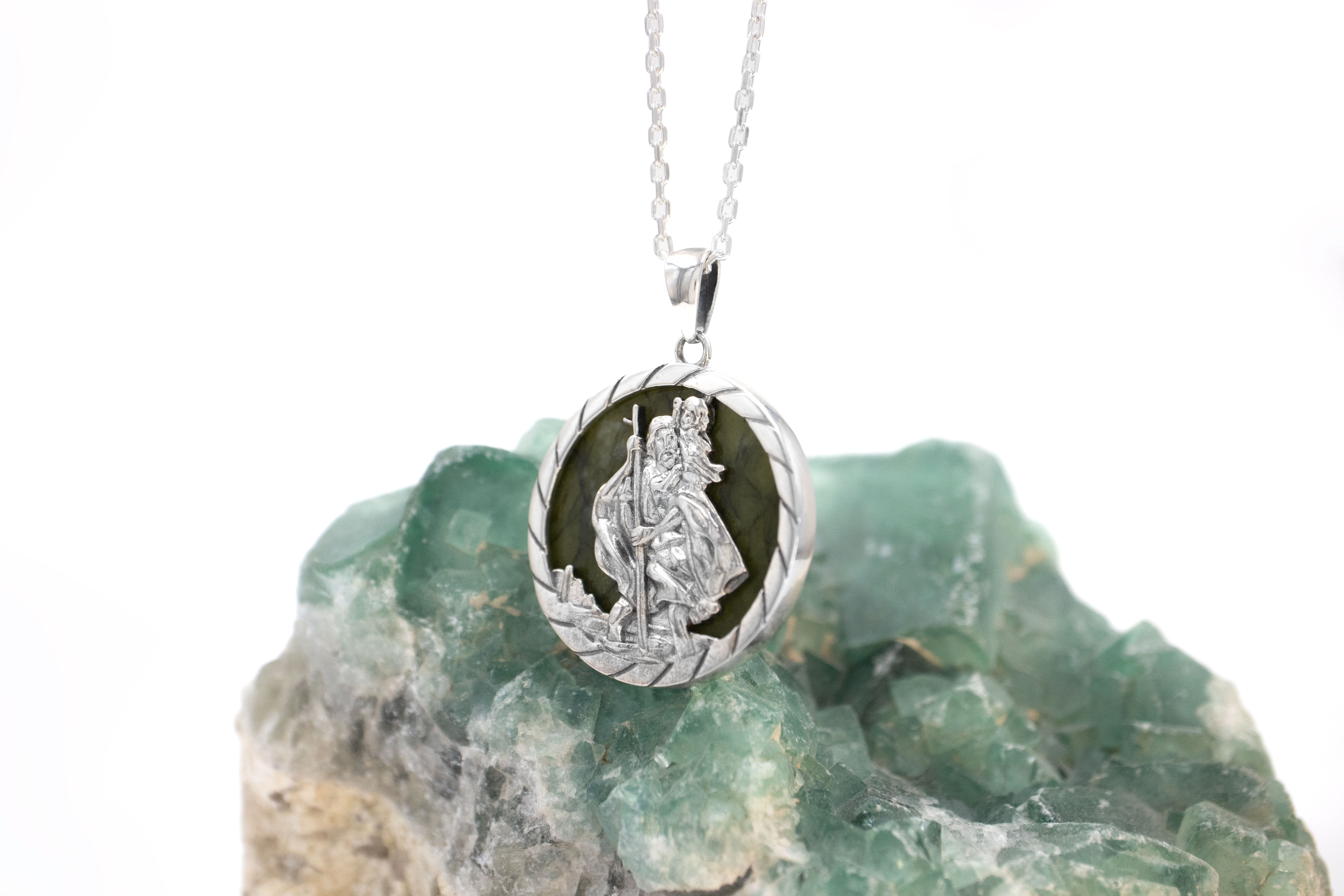 Polished Sterling Silver Connemara Marble & St Christopher & Medals and Medallions Necklace. Side View.