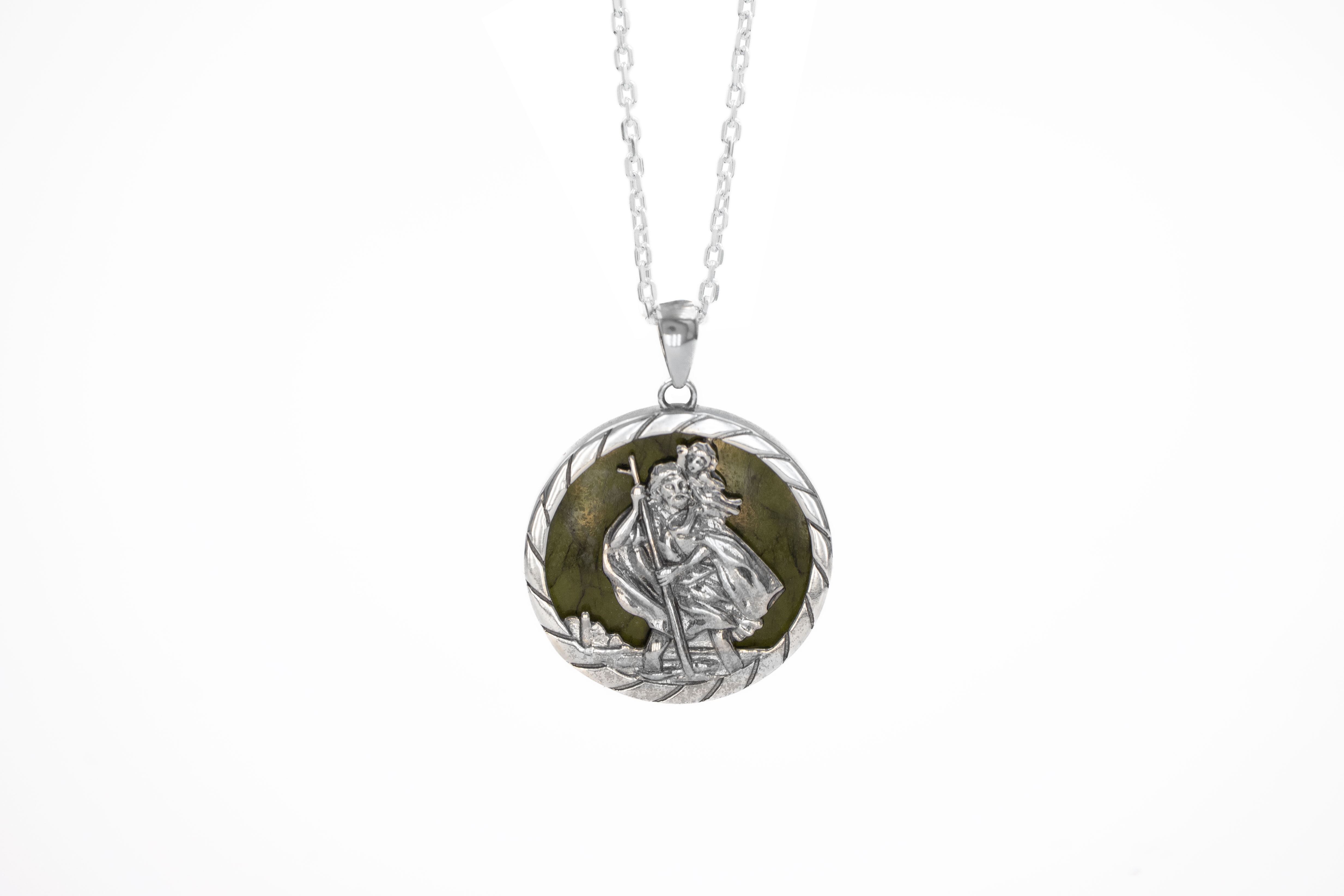 Gorgeous Polished Sterling Silver Connemara Marble & St Christopher & Medals and Medallions Necklace