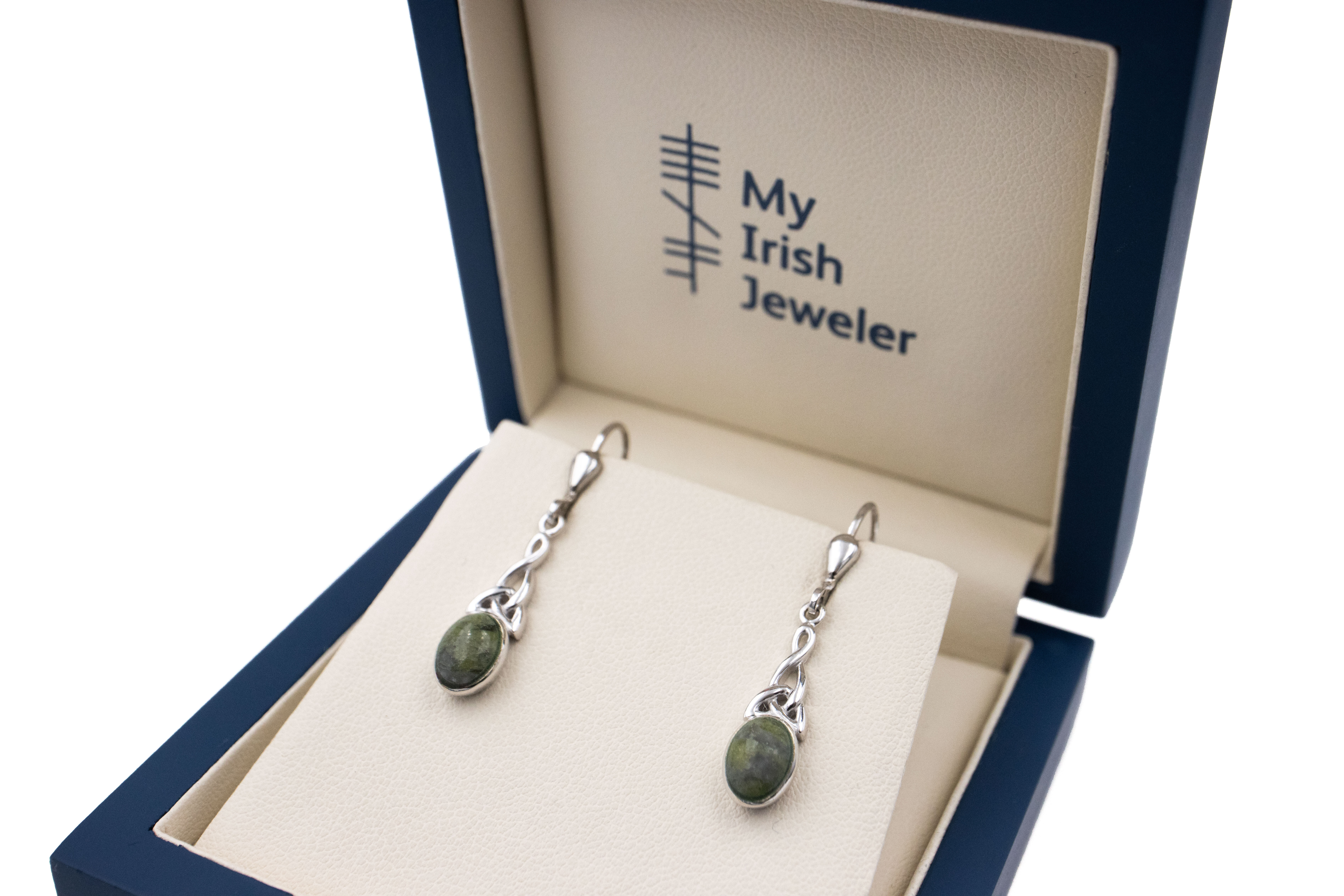 Womens Polished Sterling Silver Trinity Knot & Connemara Marble Earrings. In Luxury Packaging.