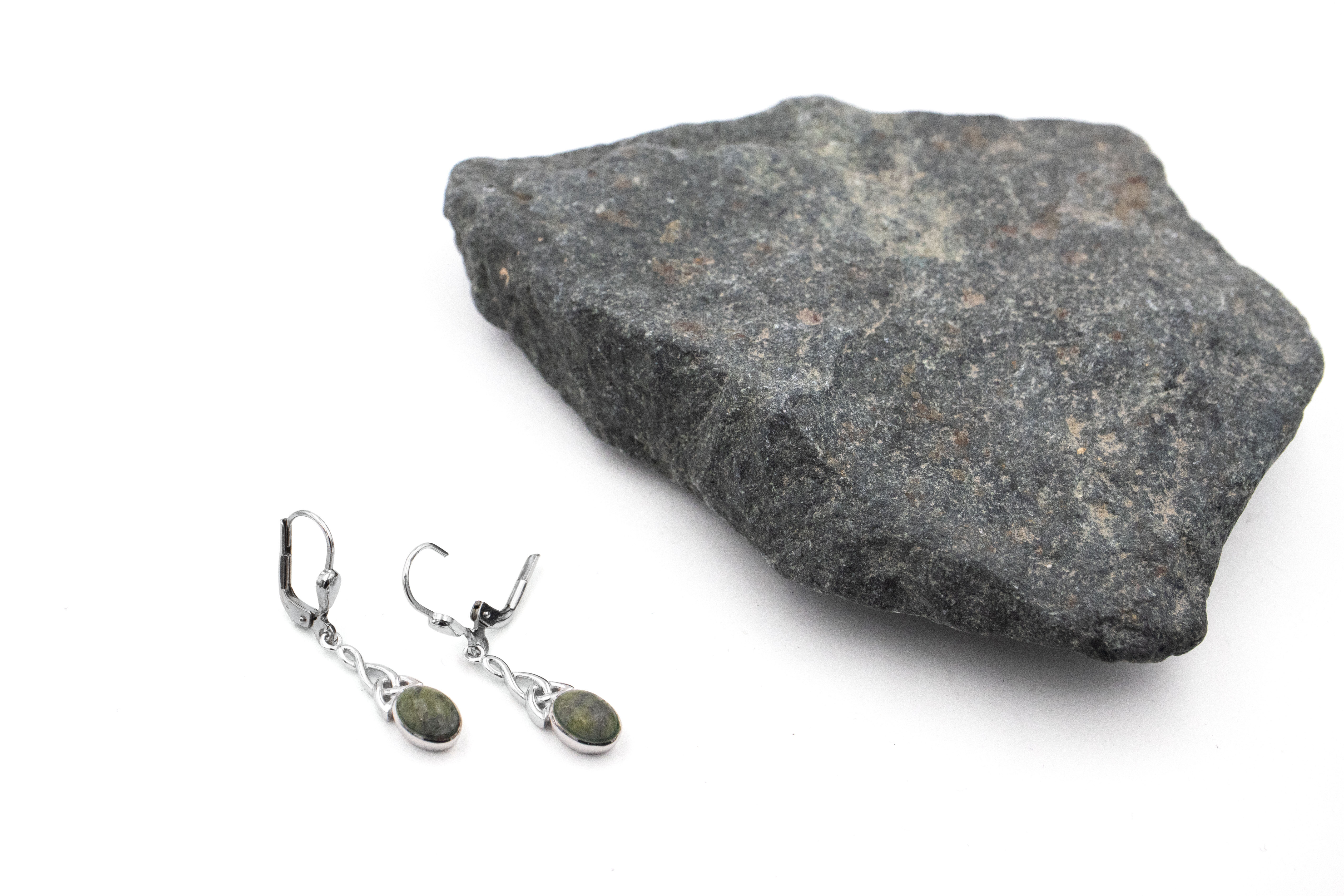 Womens Gorgeous Polished Sterling Silver Trinity Knot & Connemara Marble Earrings. Photographed Open.