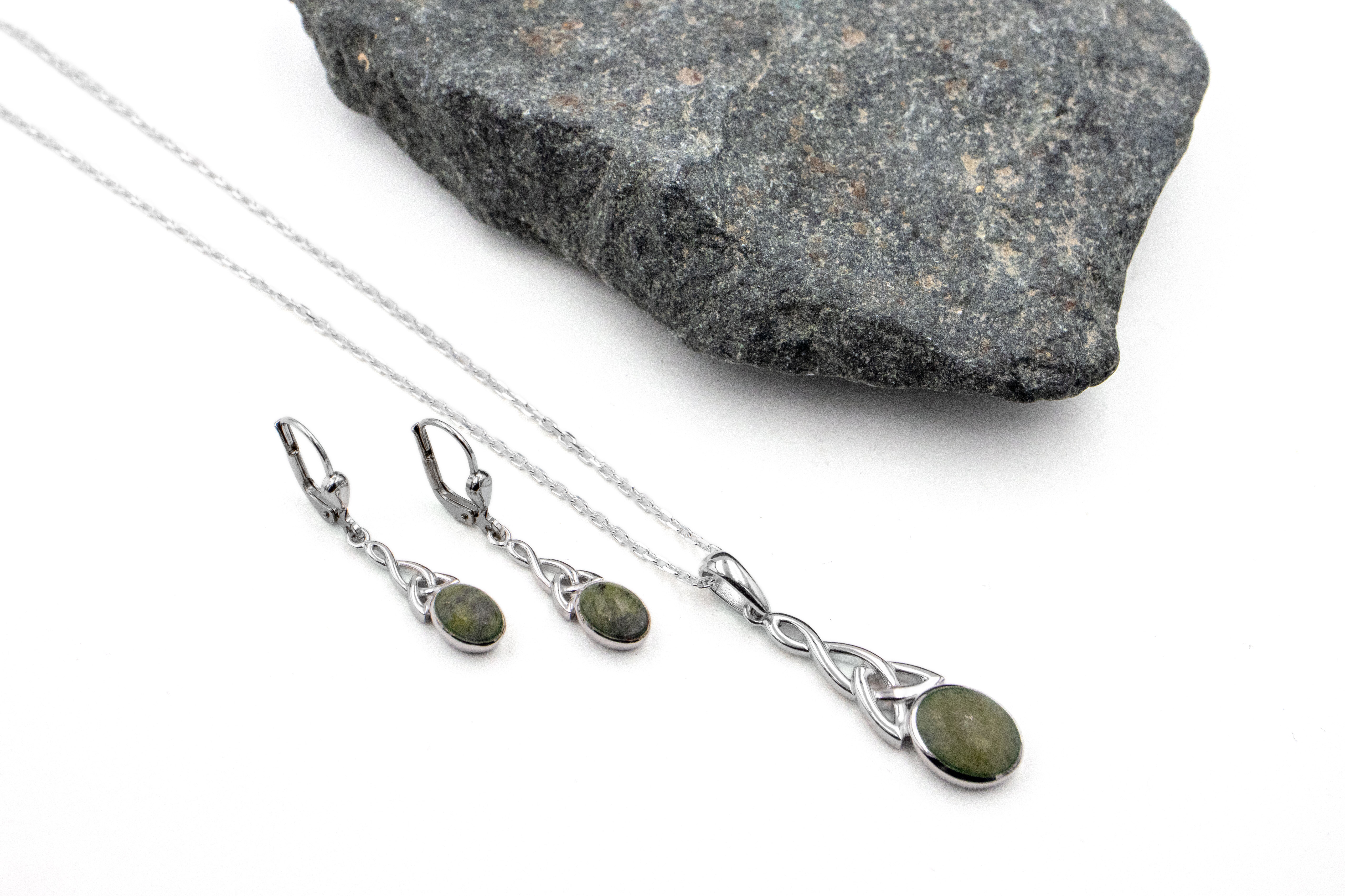 Striking Sterling Silver Trinity Knot & Connemara Marble Necklace For Women