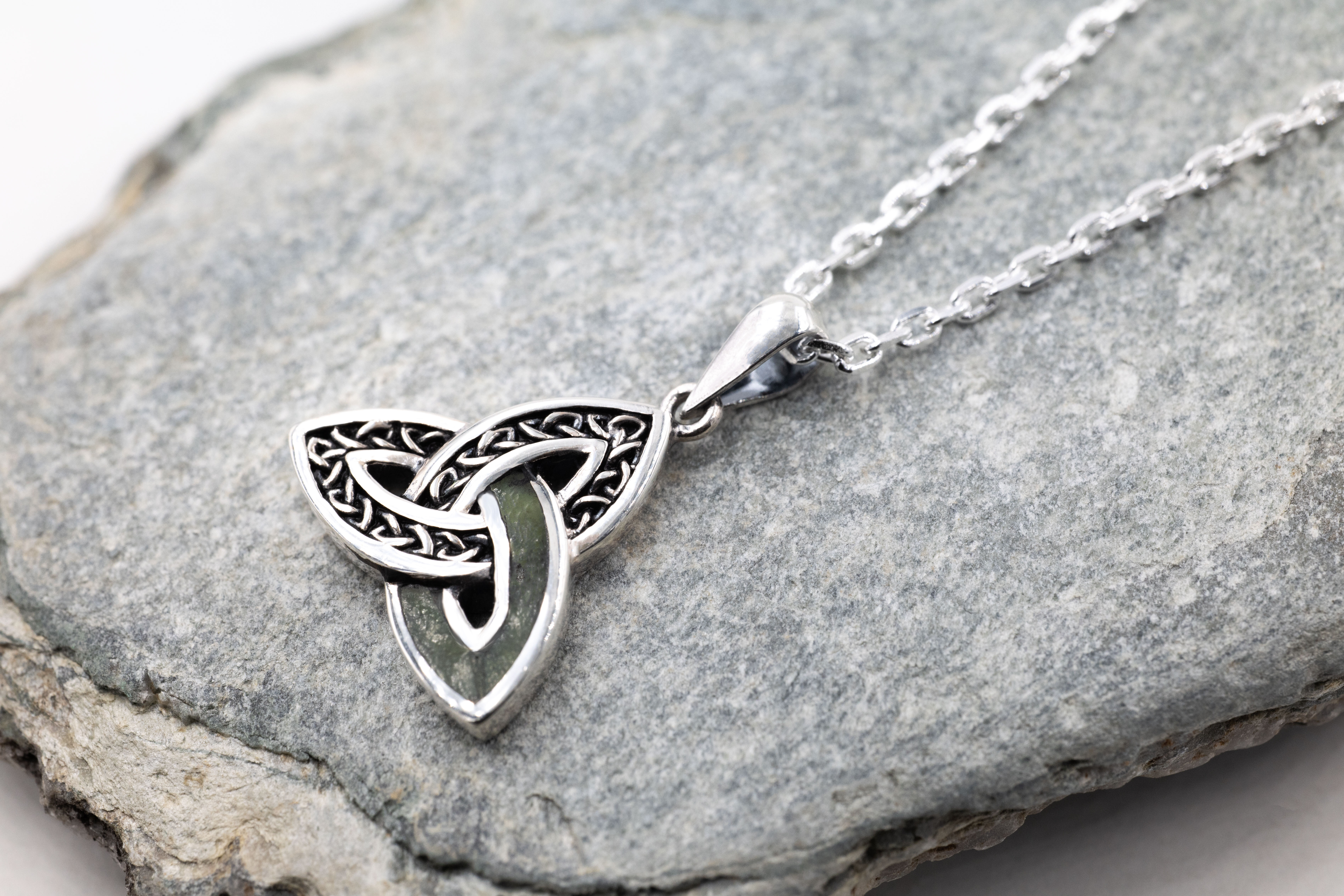 Striking Sterling Silver Connemara Marble Necklace With a Oxidised Finish For Women. Pictured Flat.