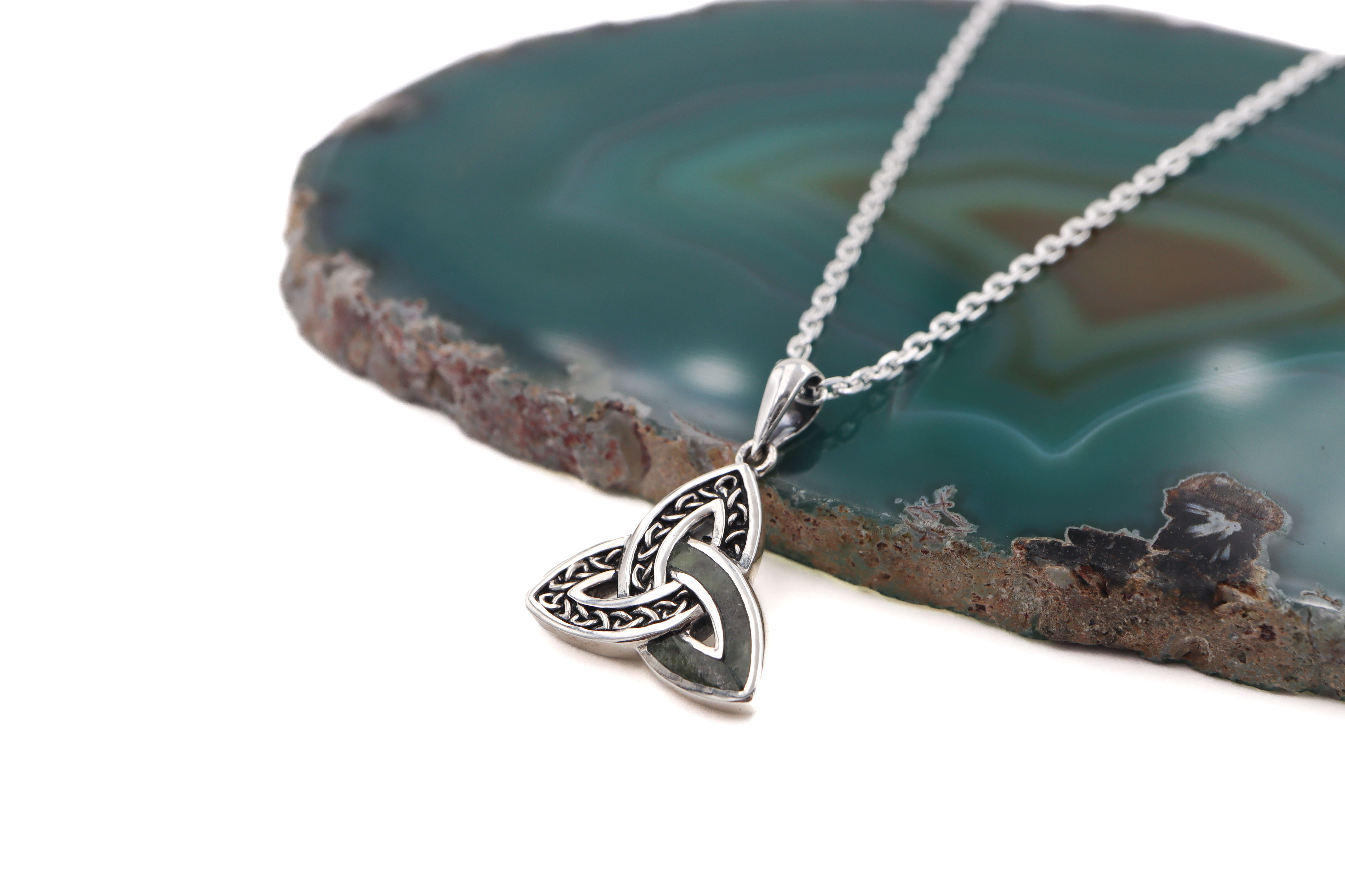 Authentic Sterling Silver Connemara Marble & Trinity Knot Necklace With a Oxidised Finish For Women. Pictured Flat.
