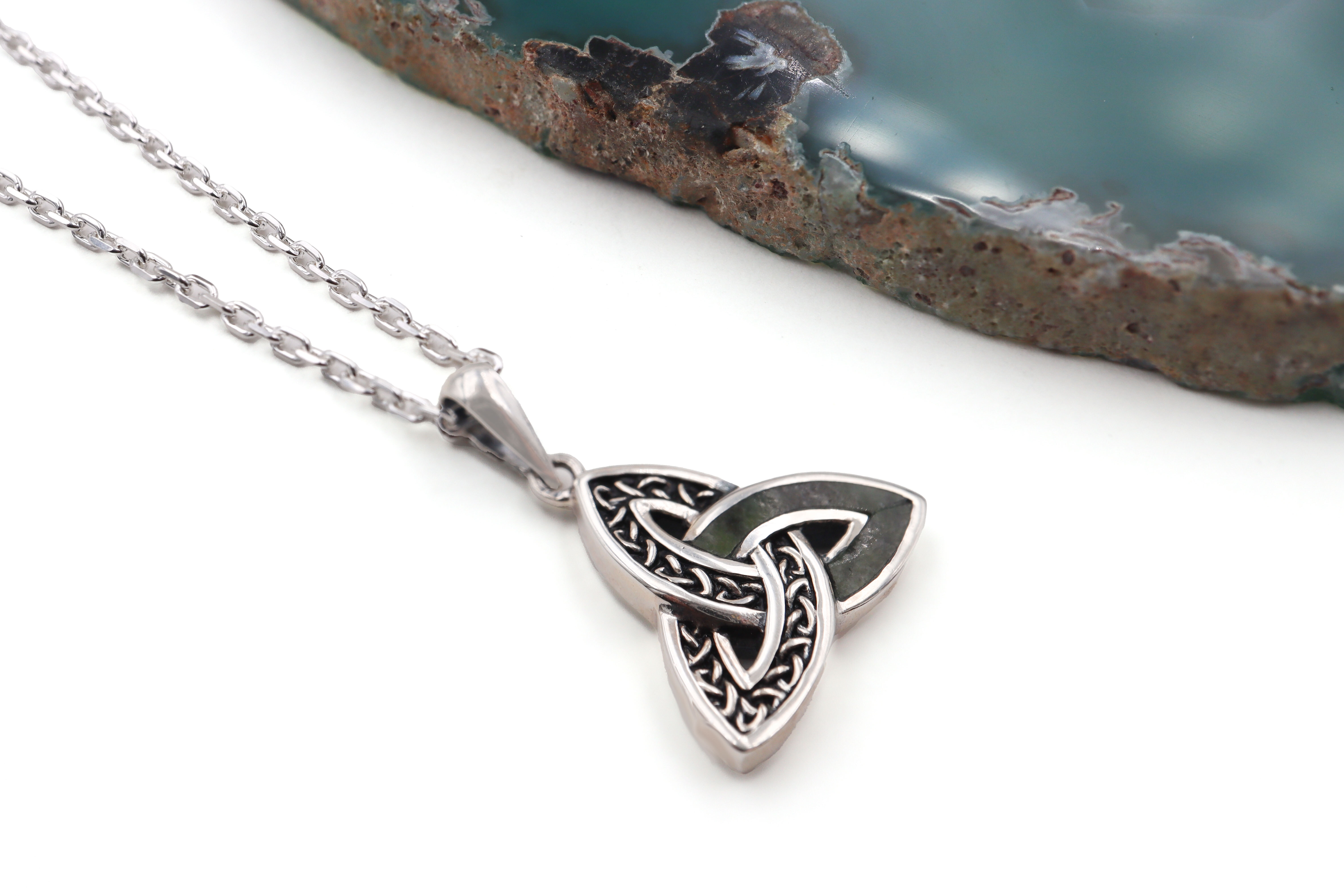 Striking Sterling Silver Connemara Marble Necklace With a Oxidised Finish For Women. Pictured Flat.