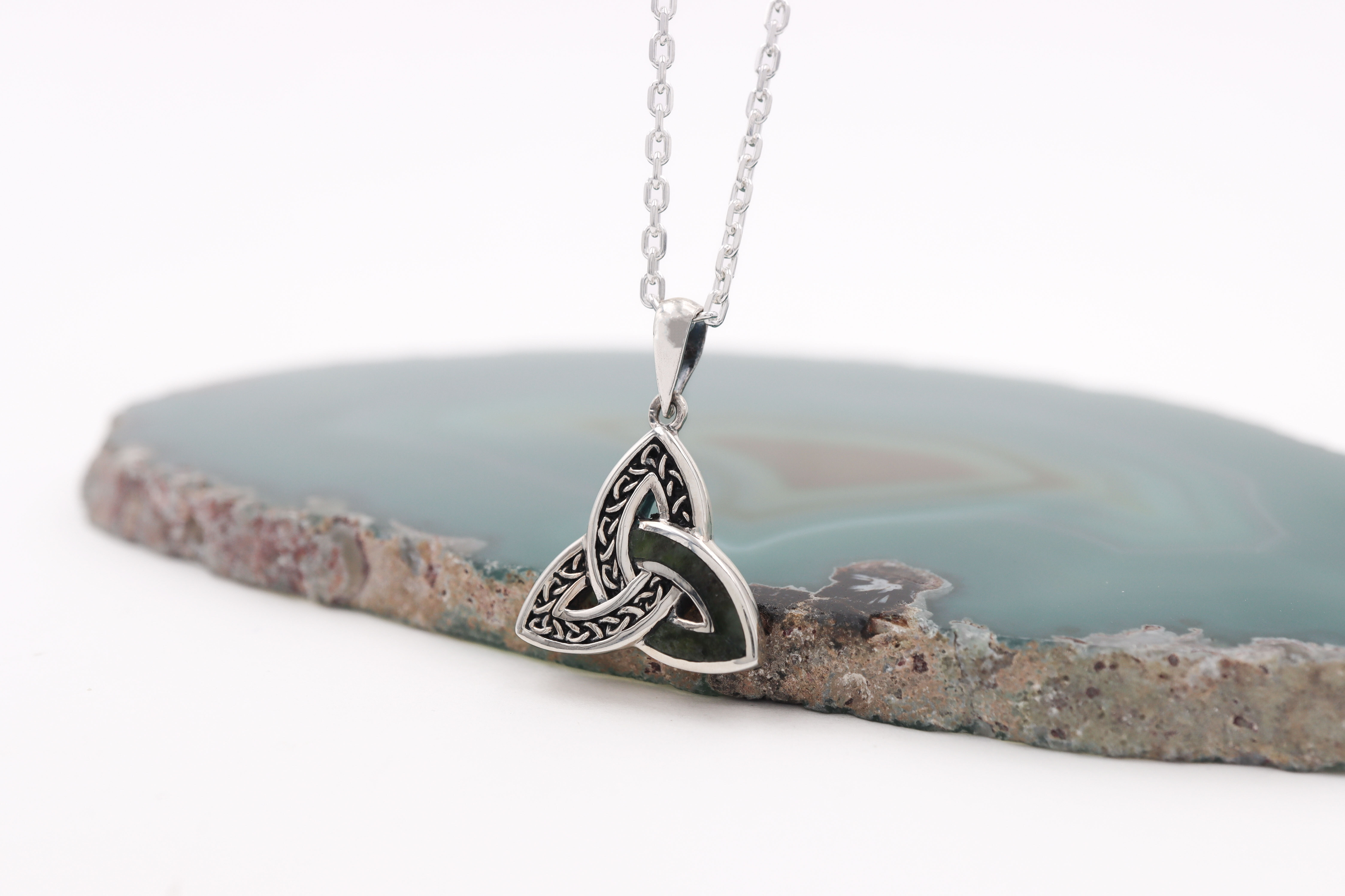 Attractive Sterling Silver Connemara Marble Necklace With a Oxidised Finish For Women. Side View.