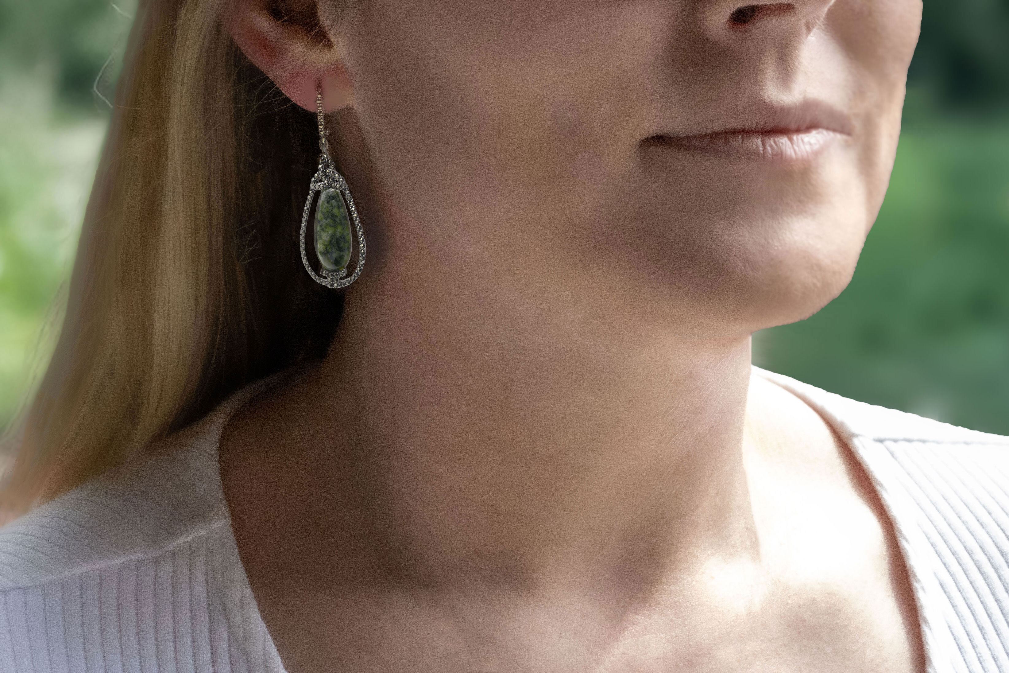 Large Irish Sterling Silver Connemara Marble & Trinity Knot Earrings For Women - Model Photo