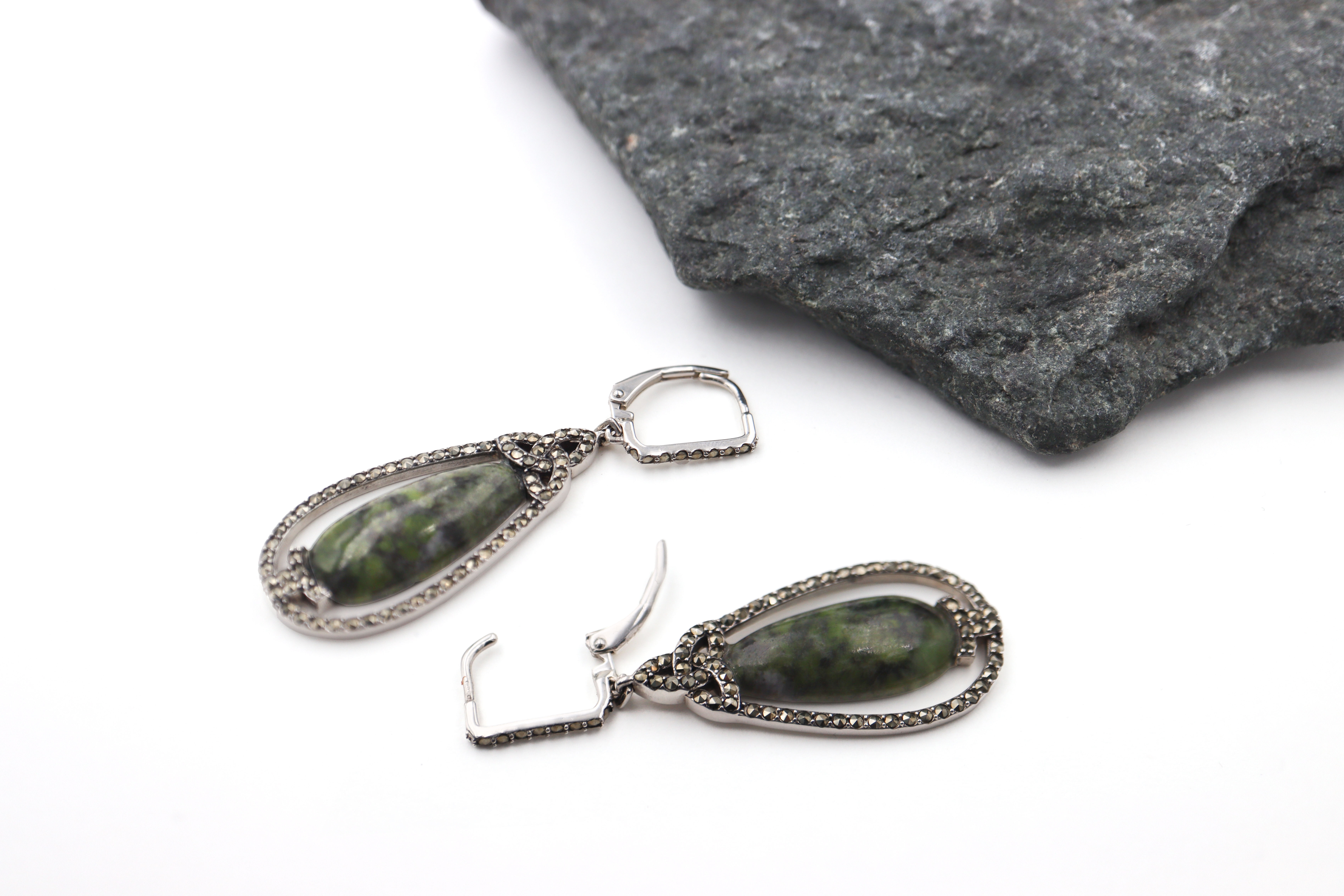 Irish Sterling Silver Connemara Marble & Trinity Knot Earrings For Women. Side View.