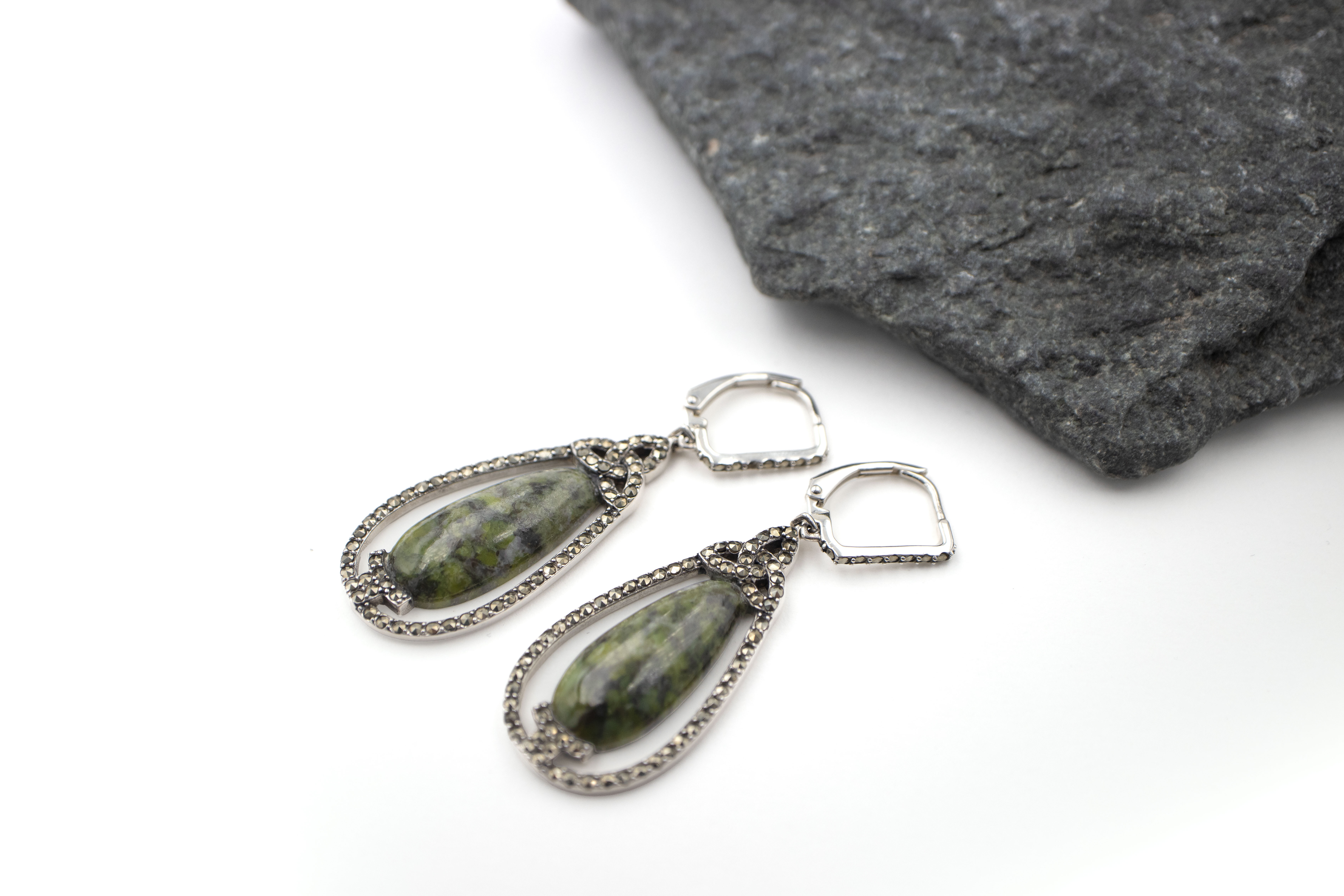 Attractive Sterling Silver Connemara Marble Earrings For Women. Side View.