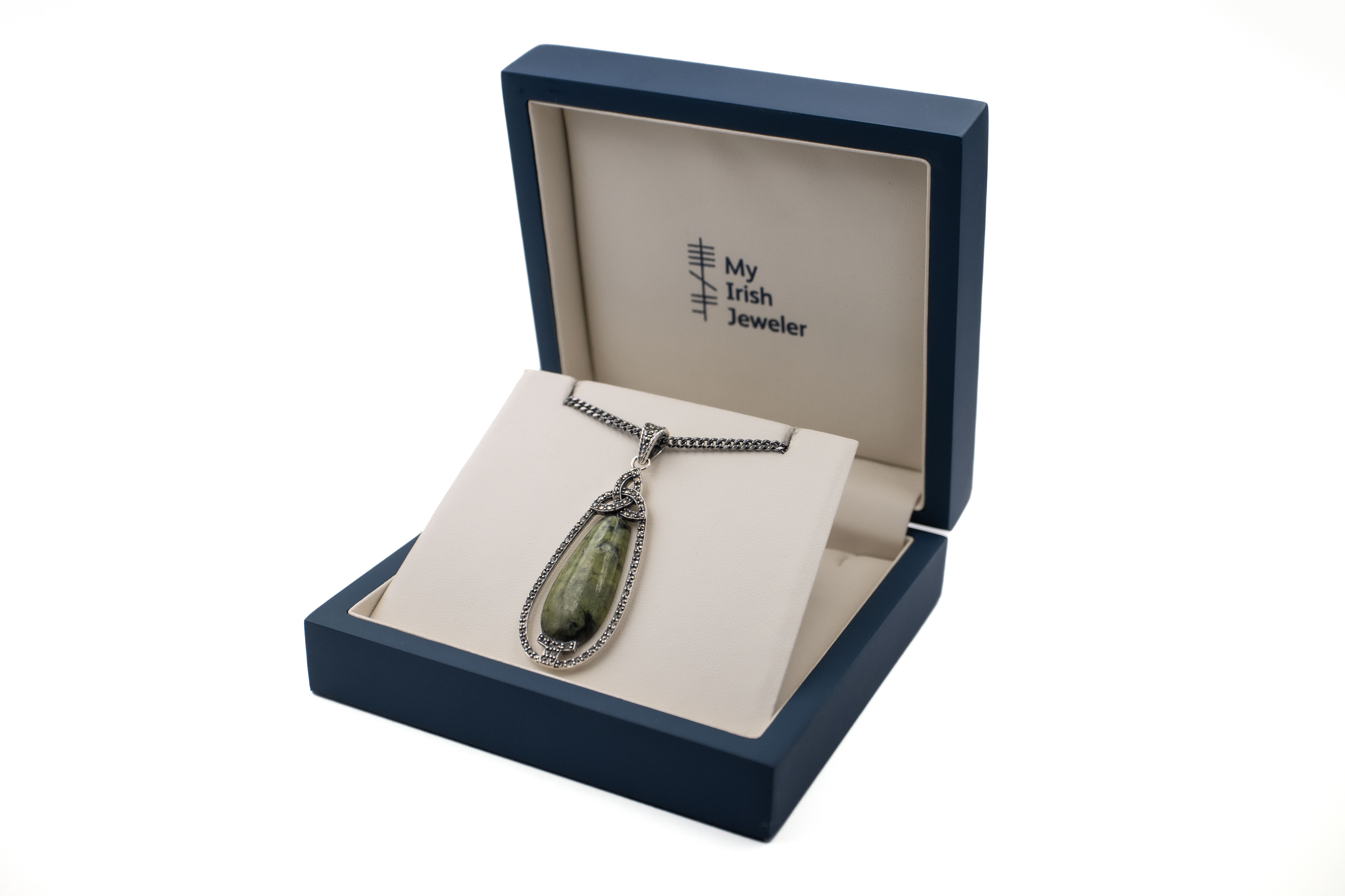 Attractive Sterling Silver Connemara Marble & Trinity Knot Necklace For Women. In Luxury Packaging.