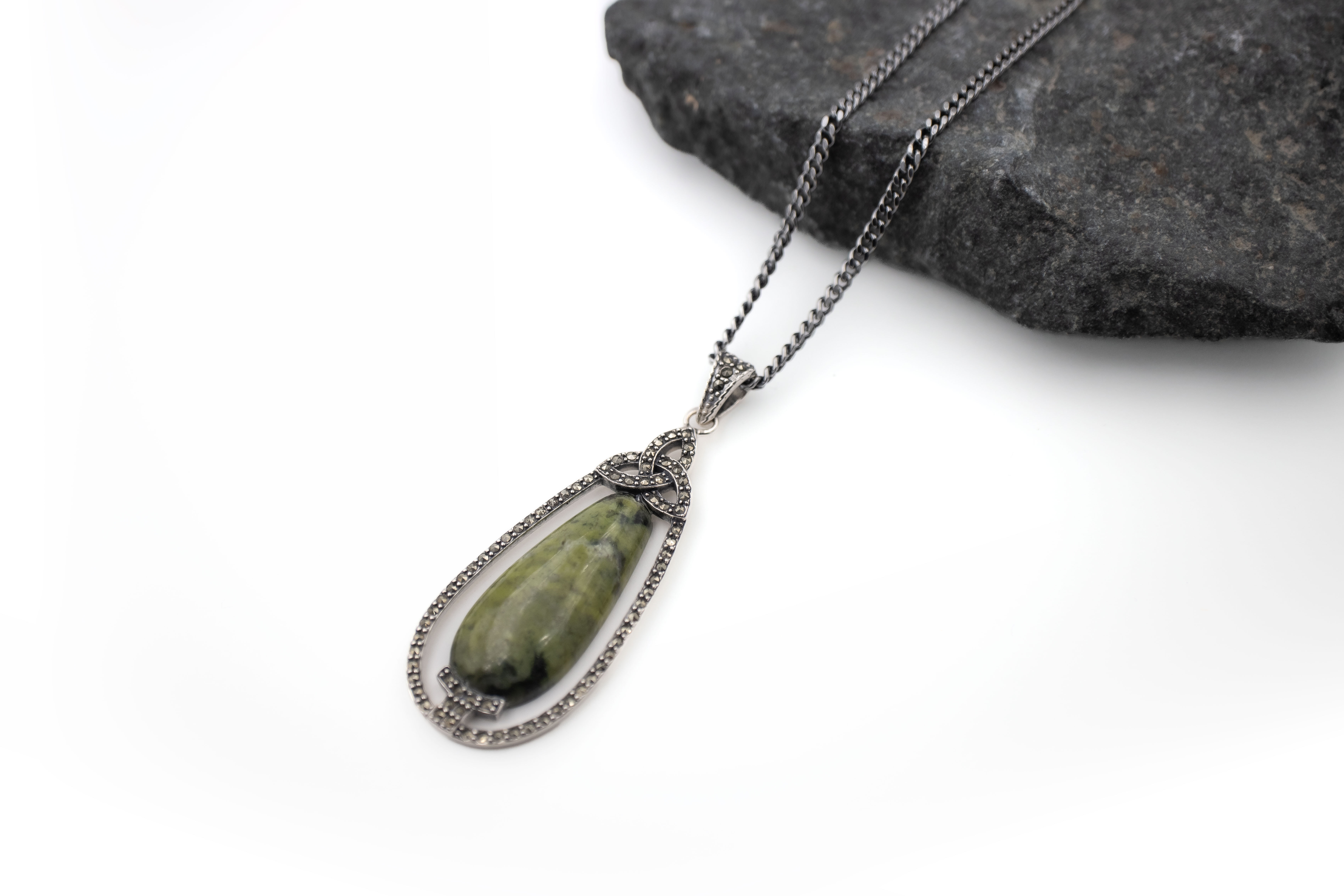 Womens Connemara Marble Necklace in Sterling Silver. Pictured Flat.