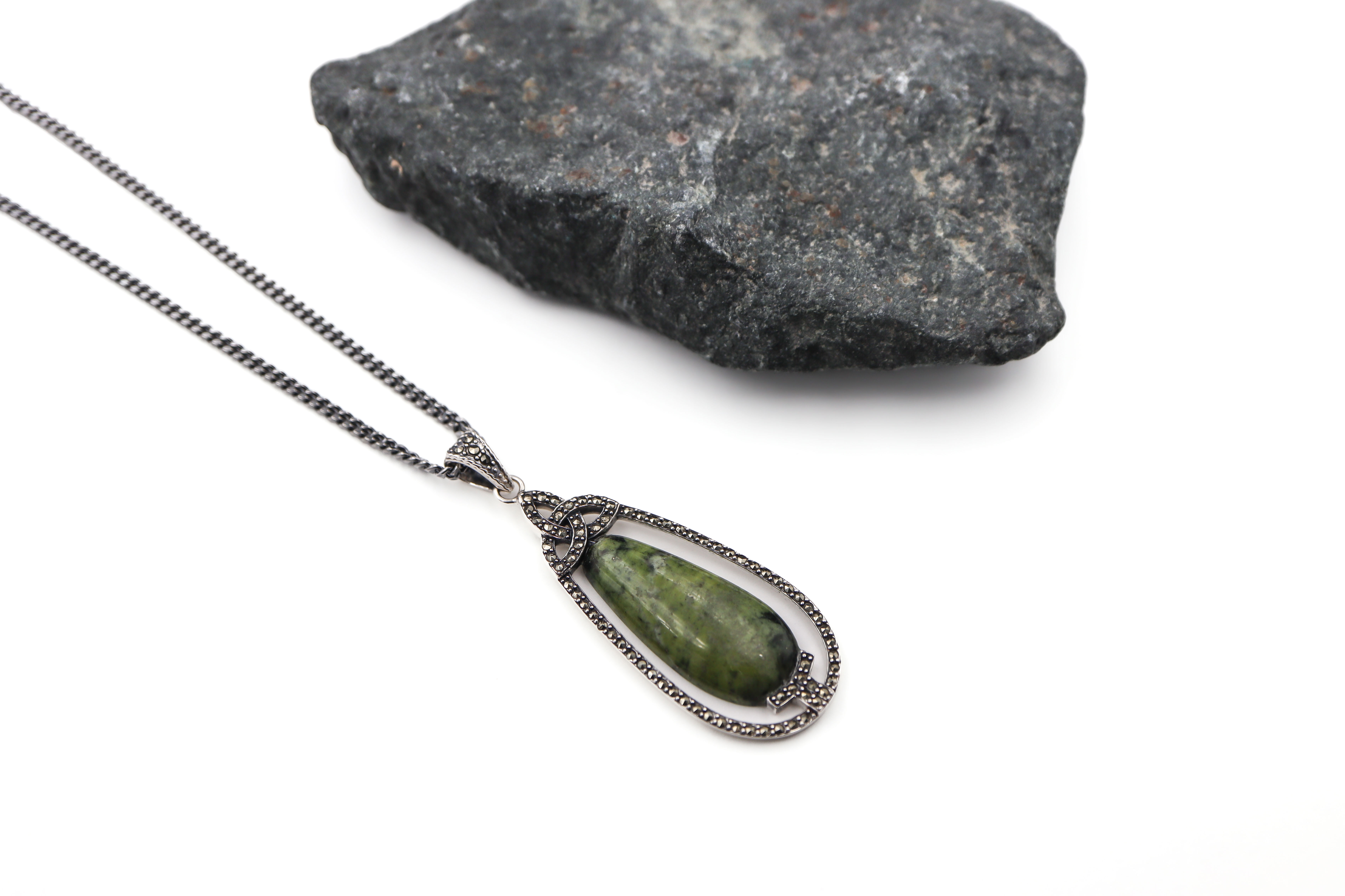 Gorgeous Sterling Silver Connemara Marble Necklace For Women. Pictured Flat.