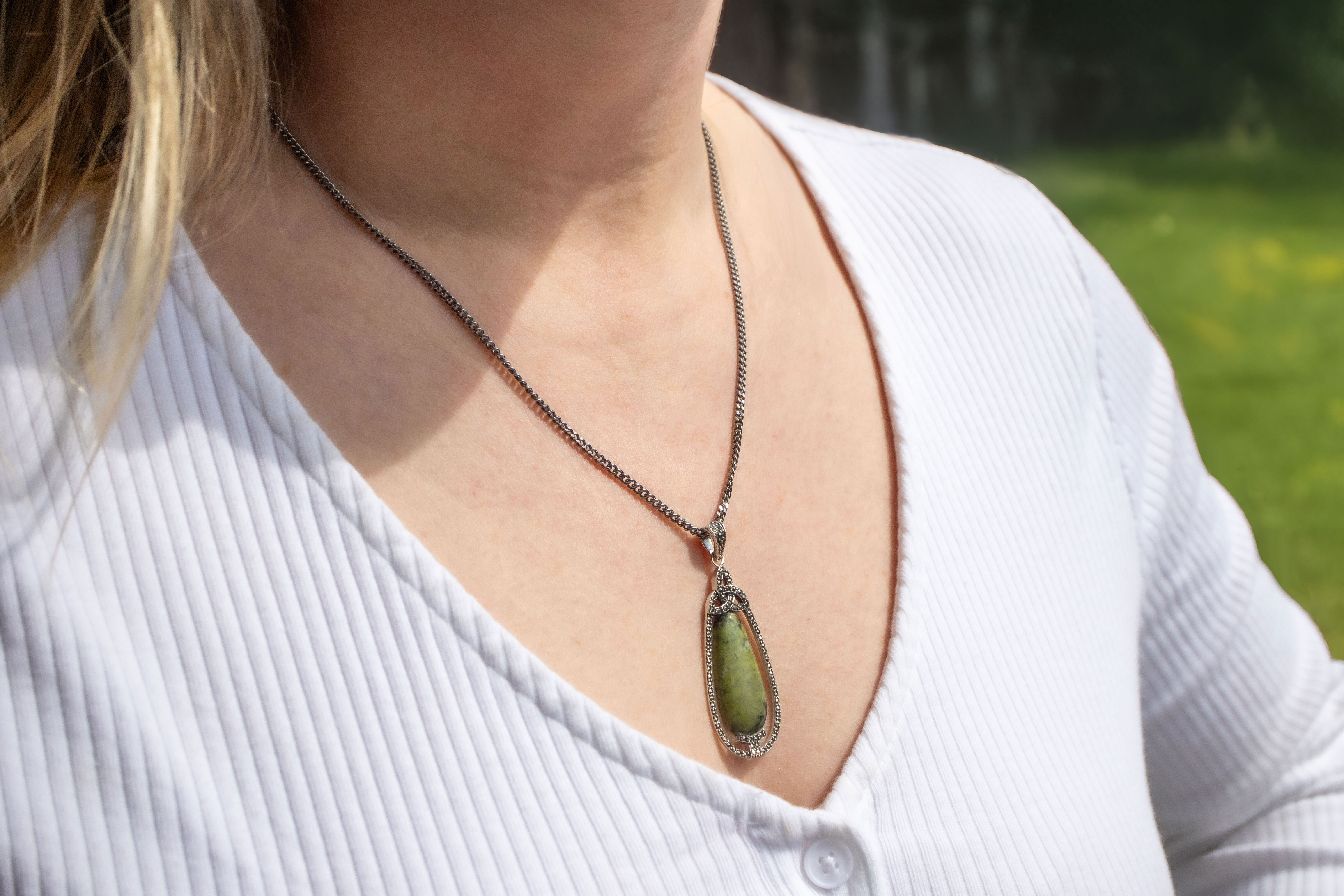 Womens Connemara Marble & Trinity Knot Necklace in Sterling Silver - Model Photo