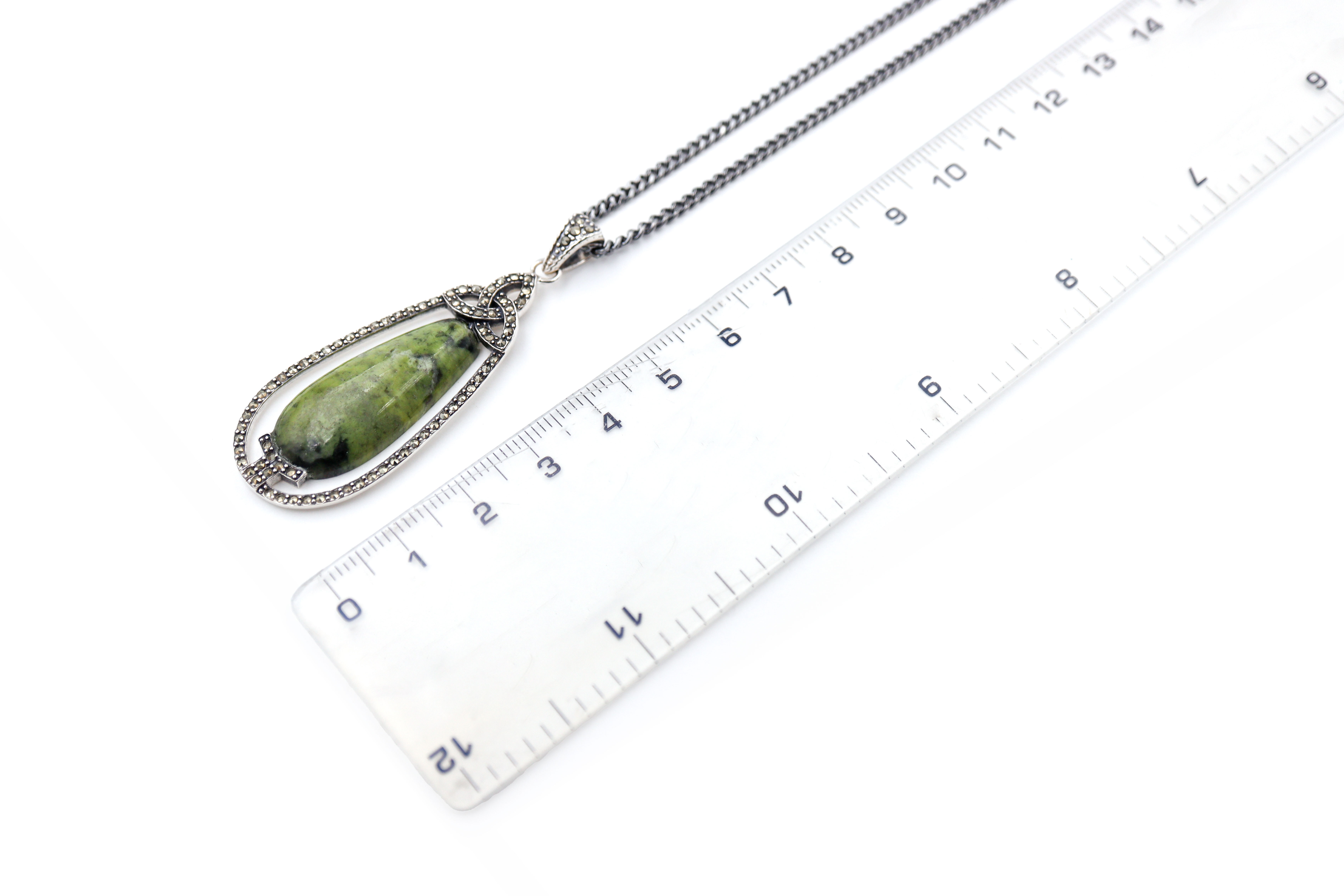 Gorgeous Sterling Silver Connemara Marble & Trinity Knot Necklace For Women. Picture For Scale.