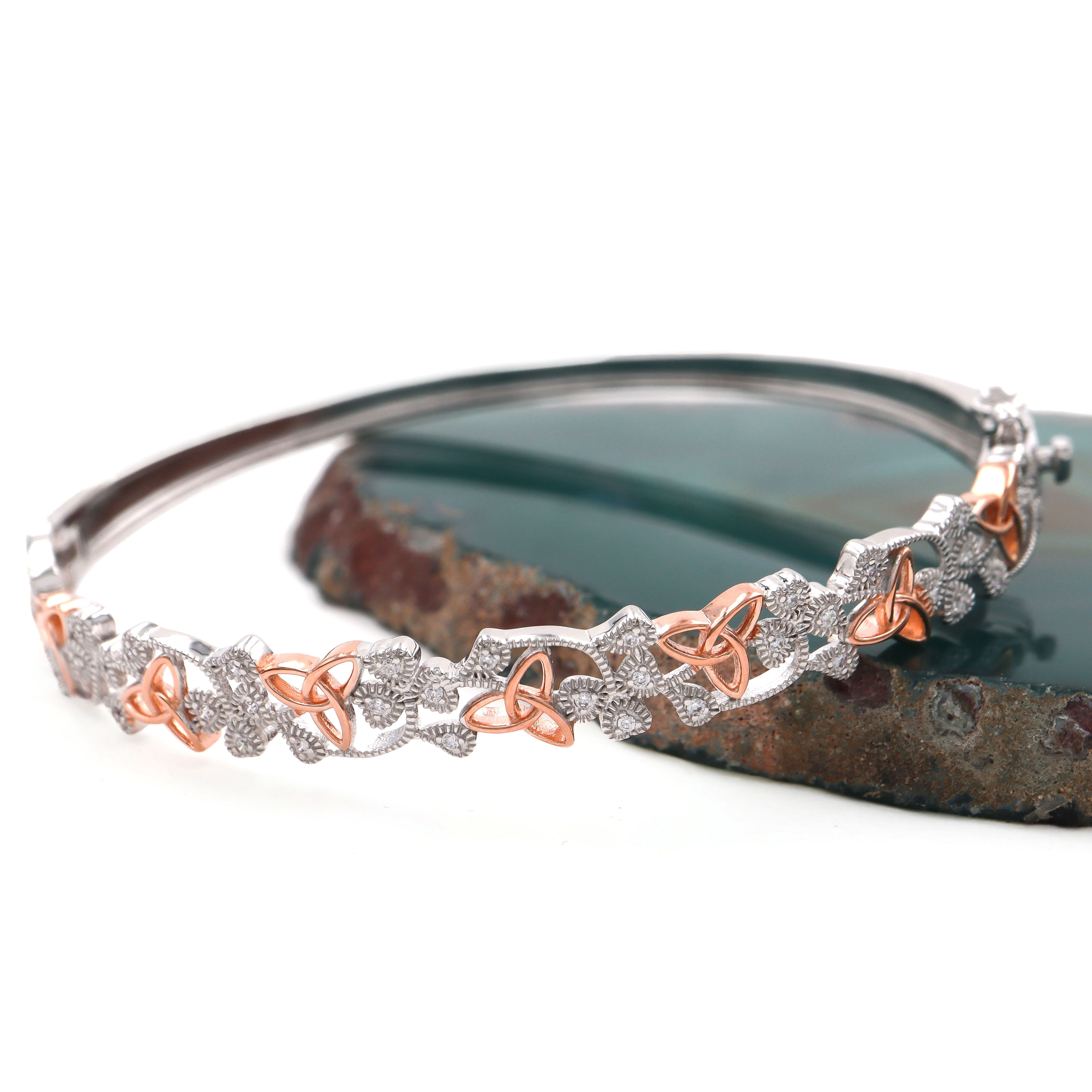Striking Sterling Silver Trinity Knot & Shamrock Bangle For Women