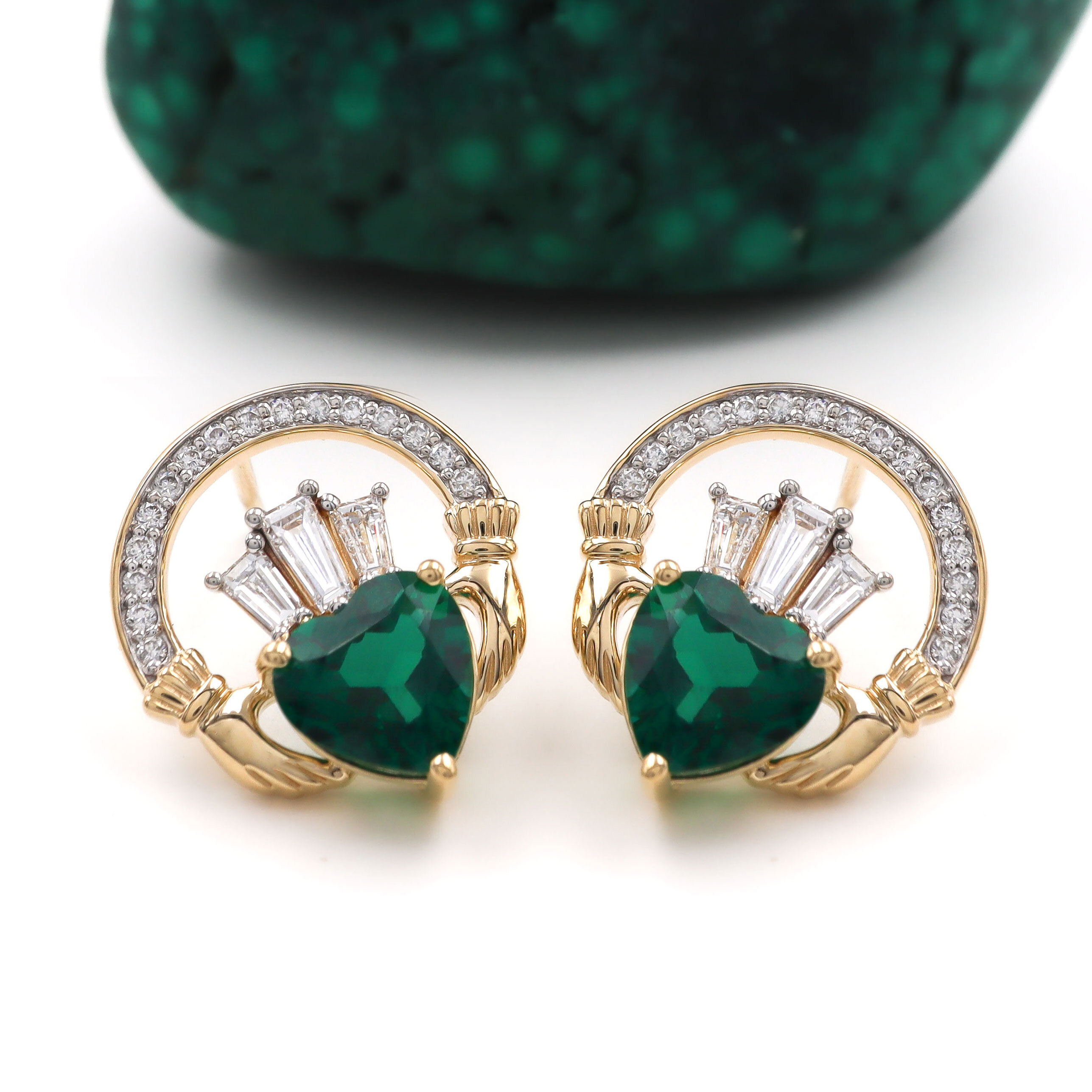 Crop 14k Yellow Gold Diamond Crowned 2ct Lab Emerald Claddagh Stud Earrings front