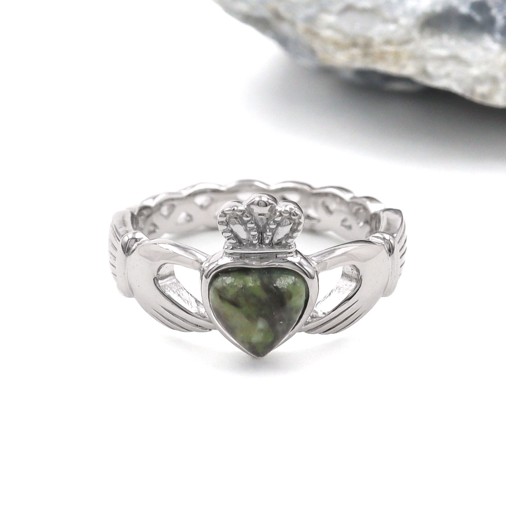 Ladys Silver Claddagh Ring with Connemara Marble Heart