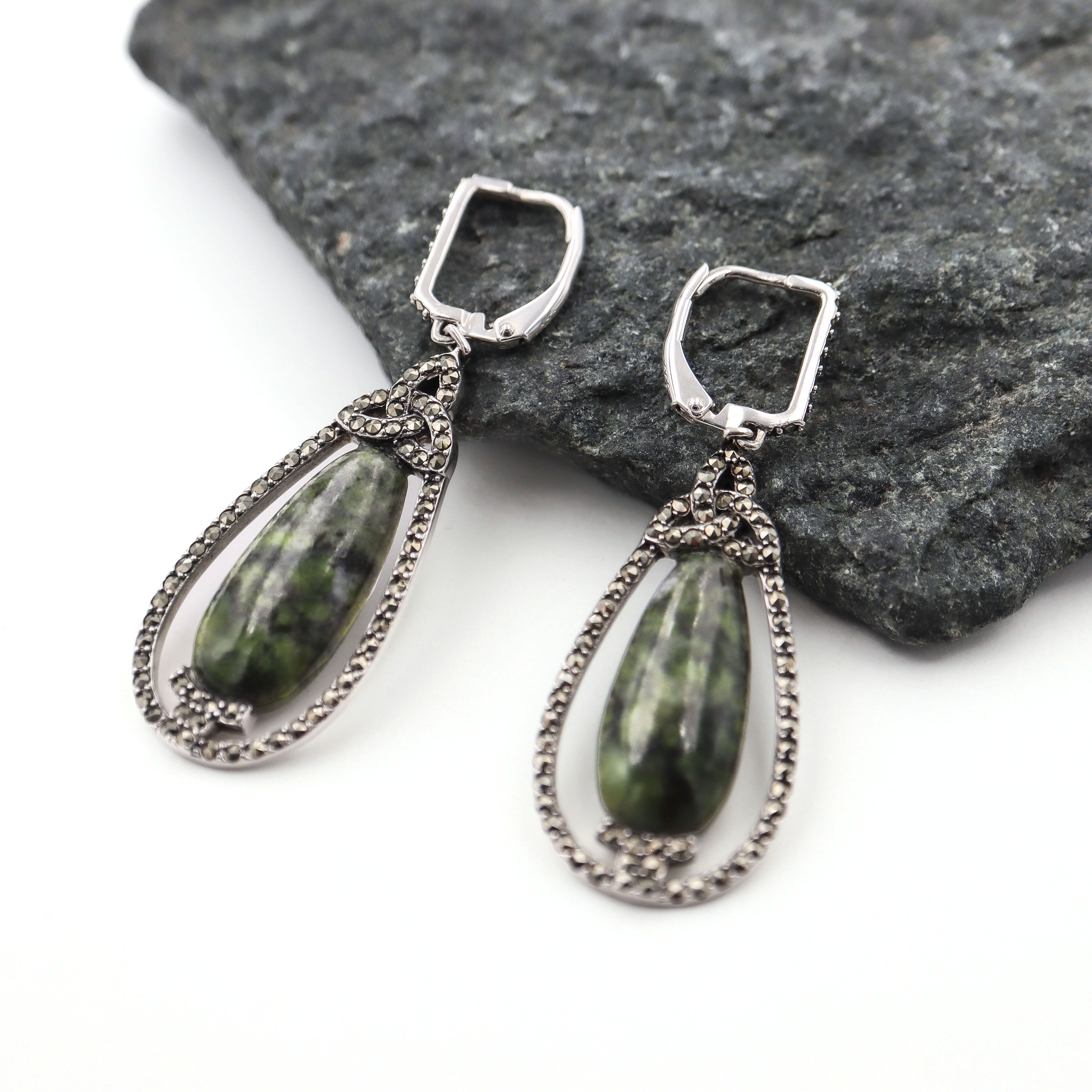 Large Connemara Marble and Marcasite Earrings