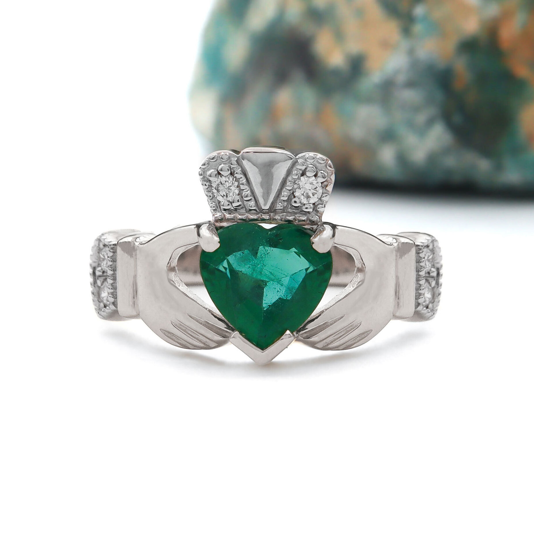 Emerald and Diamond Claddagh Ring