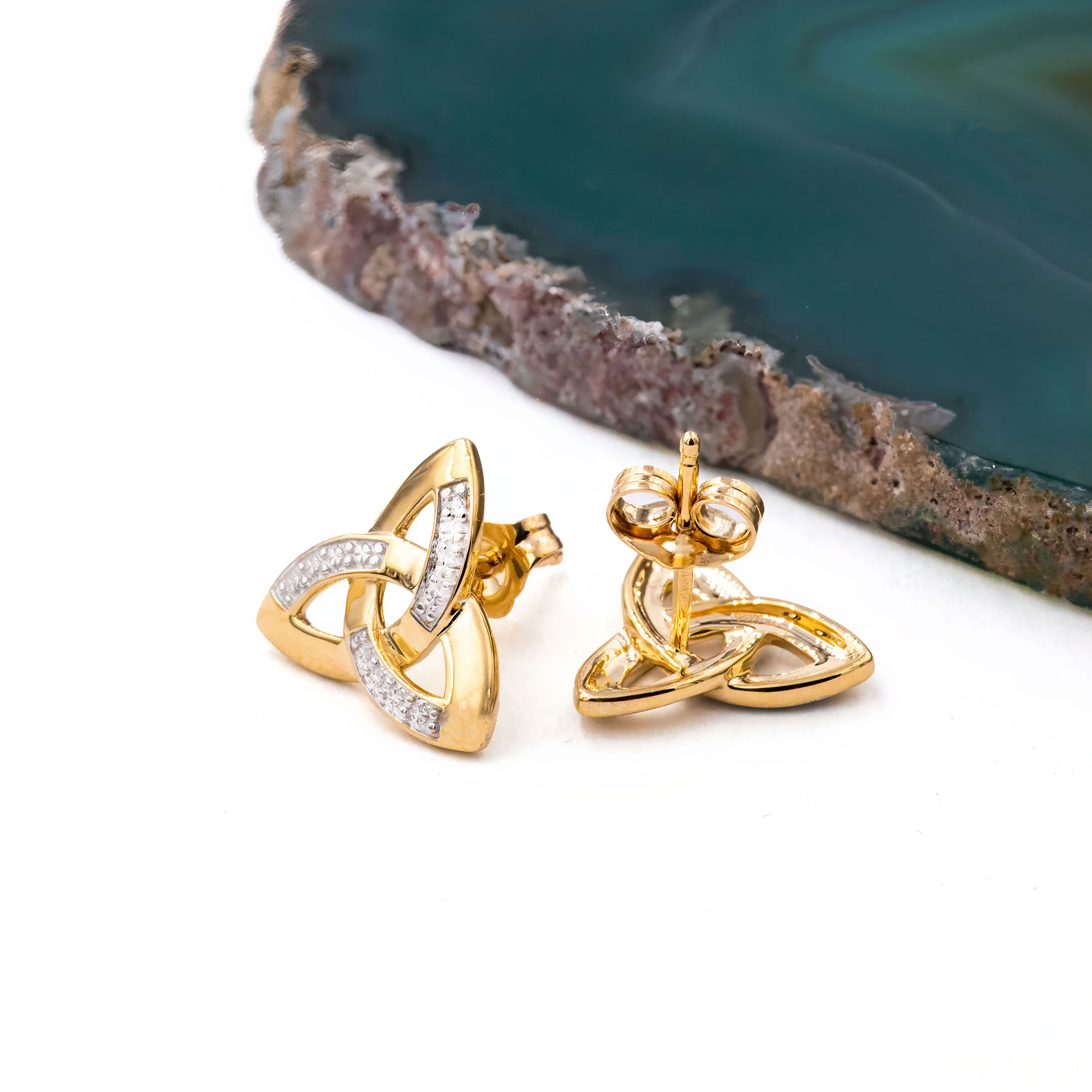 Crop14 K Gold Trinity Knot Stud Earrings set with Diamonds SKU 1897 front and back 2
