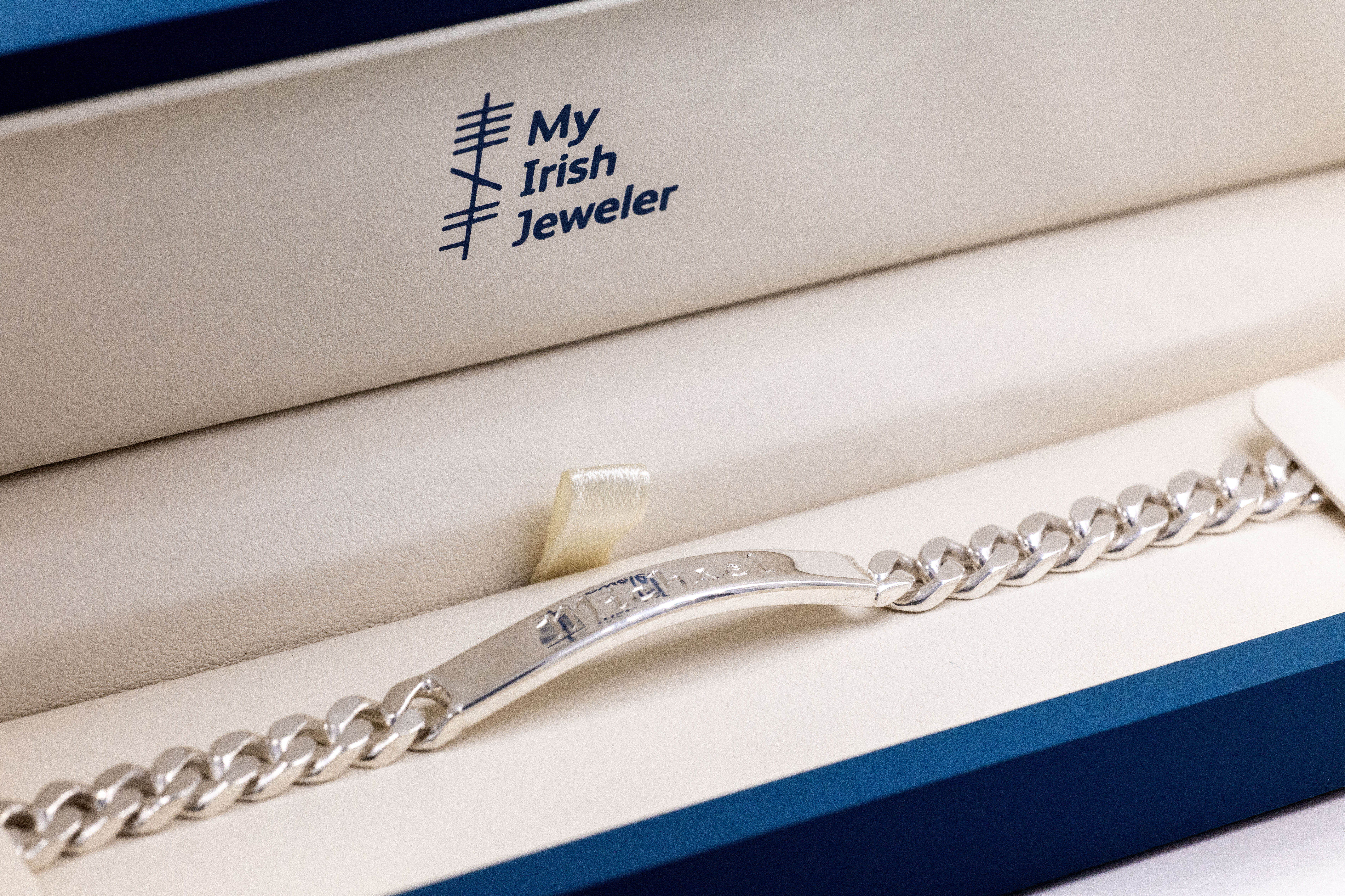 Irish Sterling Silver Gaelic Customisable Bracelet With a Polished Finish For Men. In Luxury Packaging.