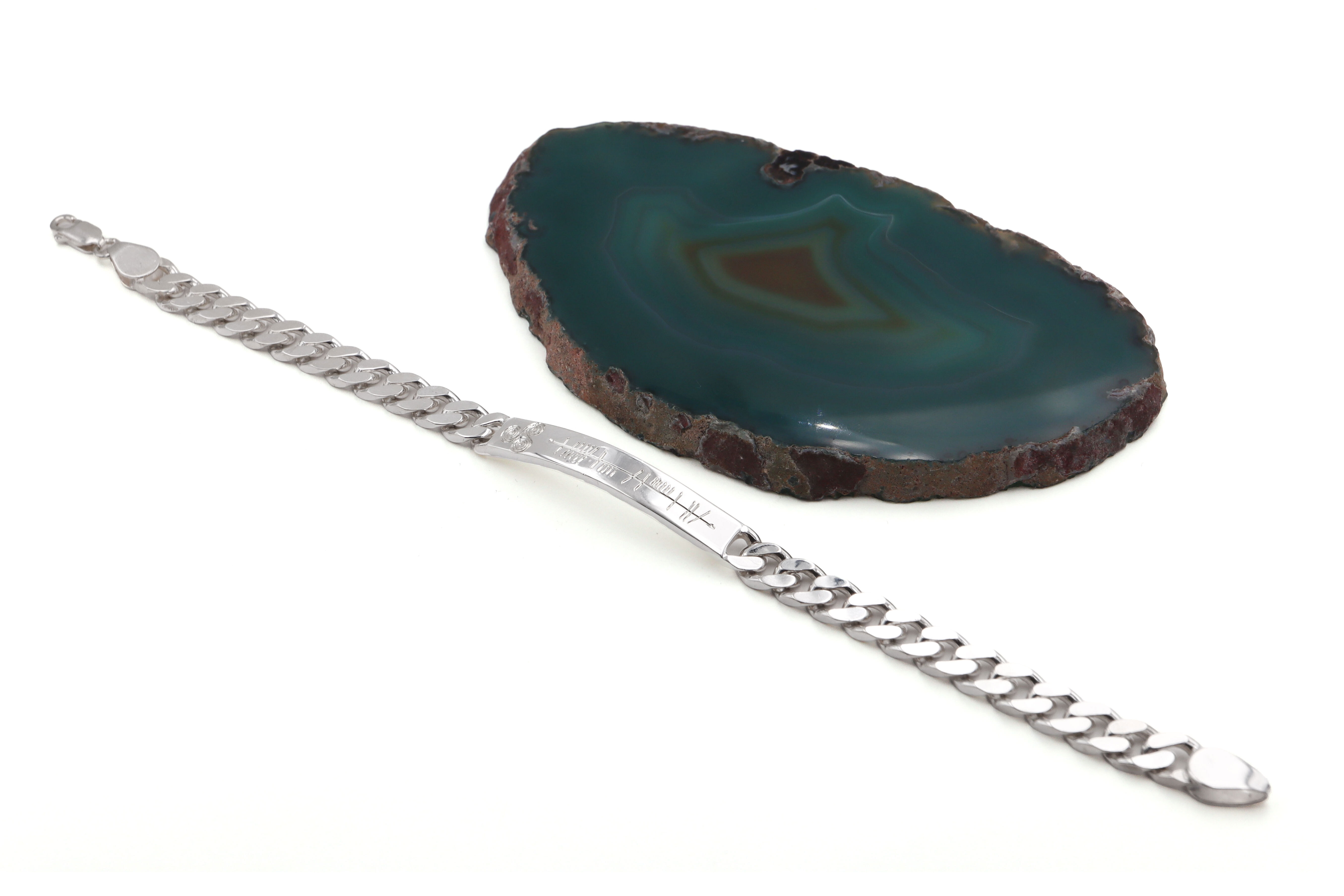 Mens Sterling Silver Ogham & Newgrange & Gaelic & Triskele Bracelet. Pictured Flat.