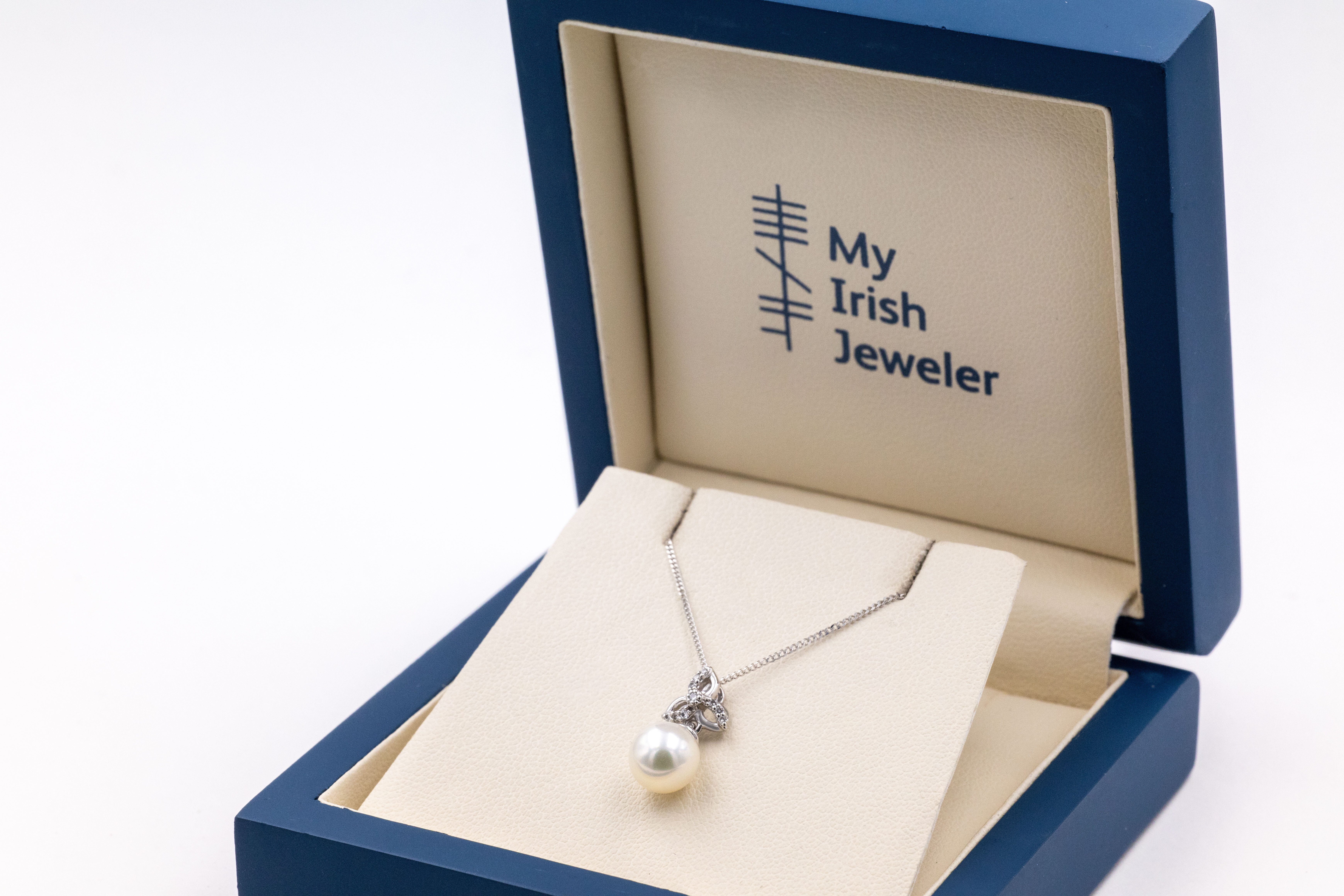 Gorgeous 9K White Gold Trinity Knot Necklace For Women With a Polished Finish. In Luxury Packaging.
