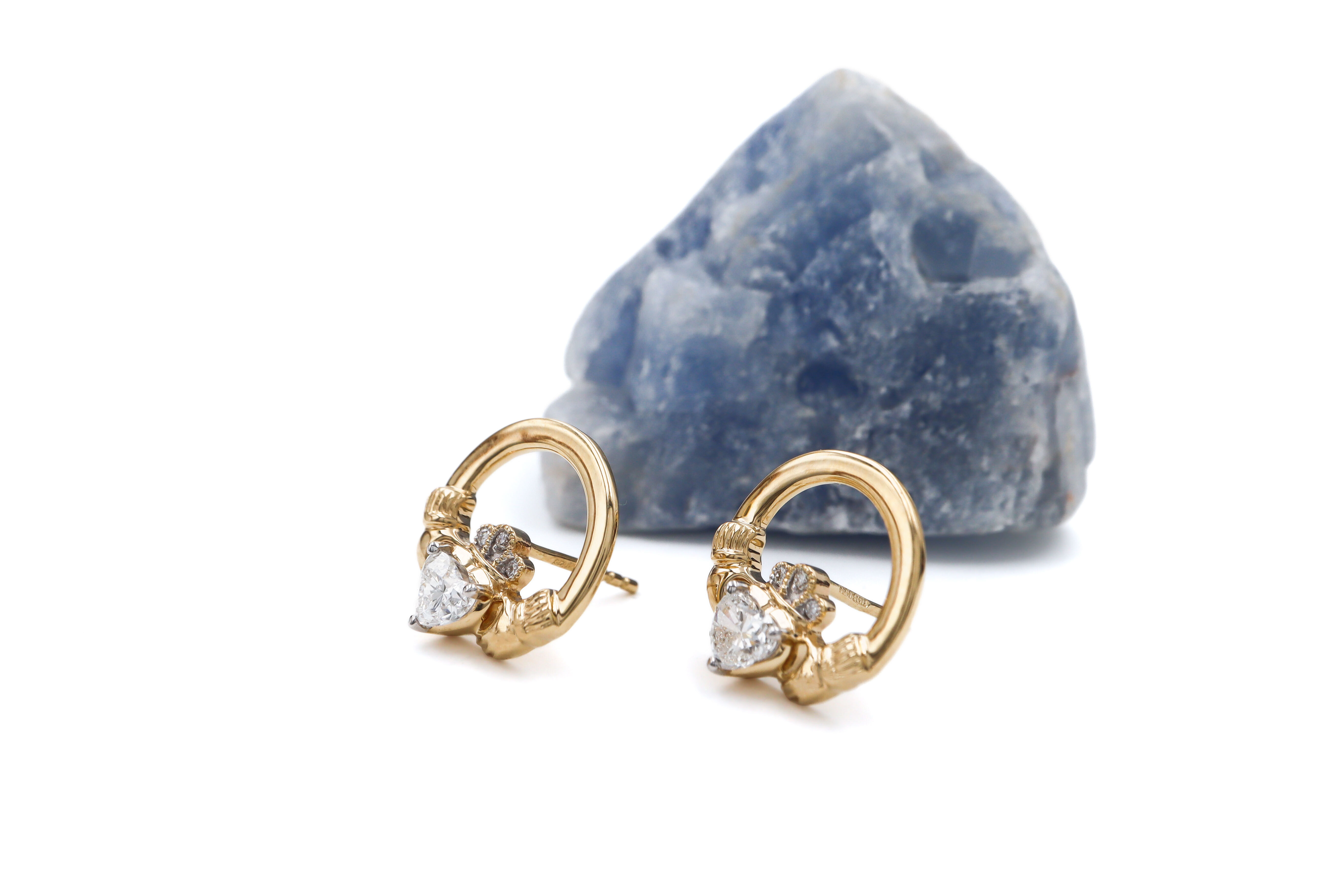 Irish 14K Yellow Gold Claddagh Earrings For Women With a Polished Finish