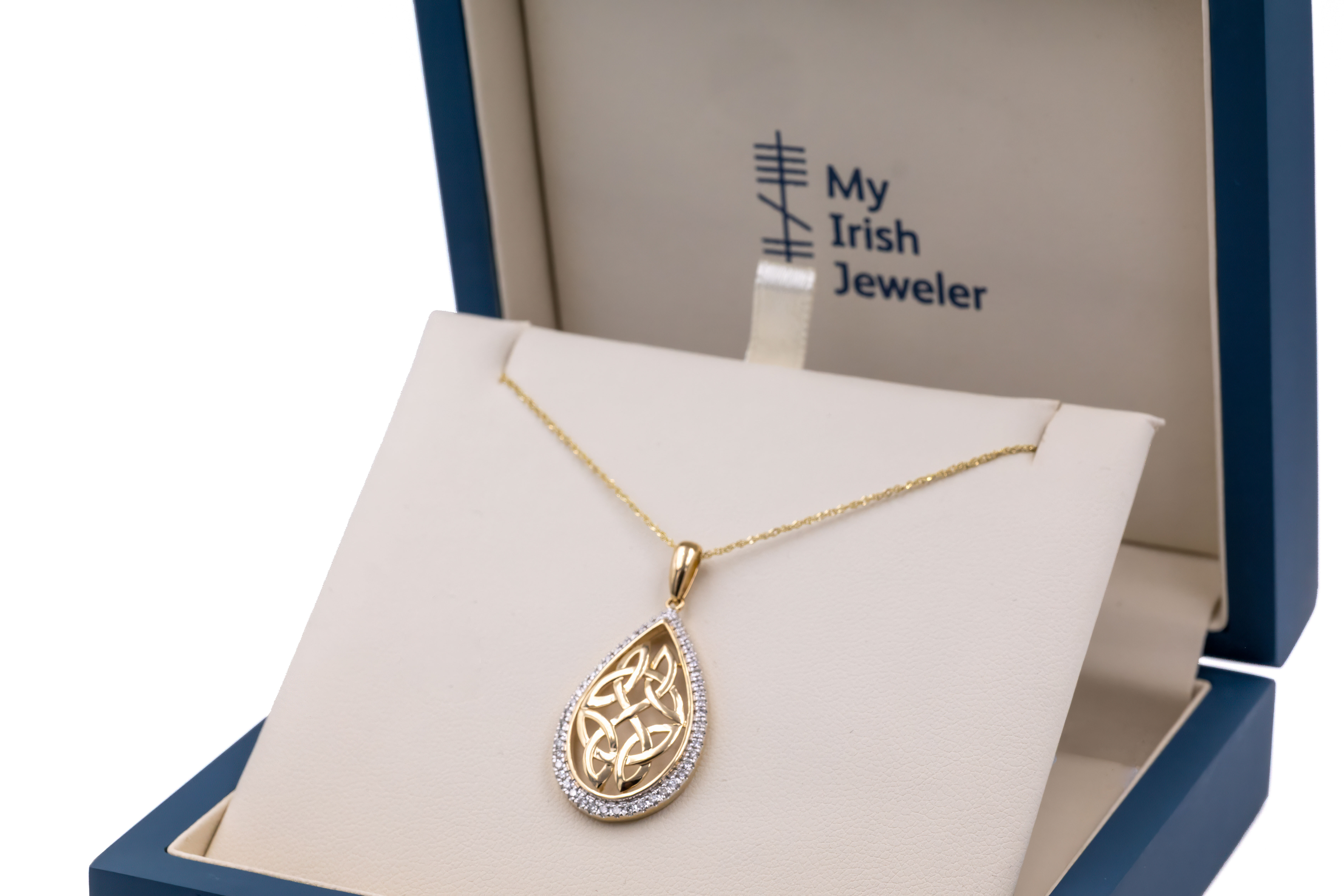 Womens Trinity Knot Necklace in 14K Yellow Gold. In Luxury Packaging.