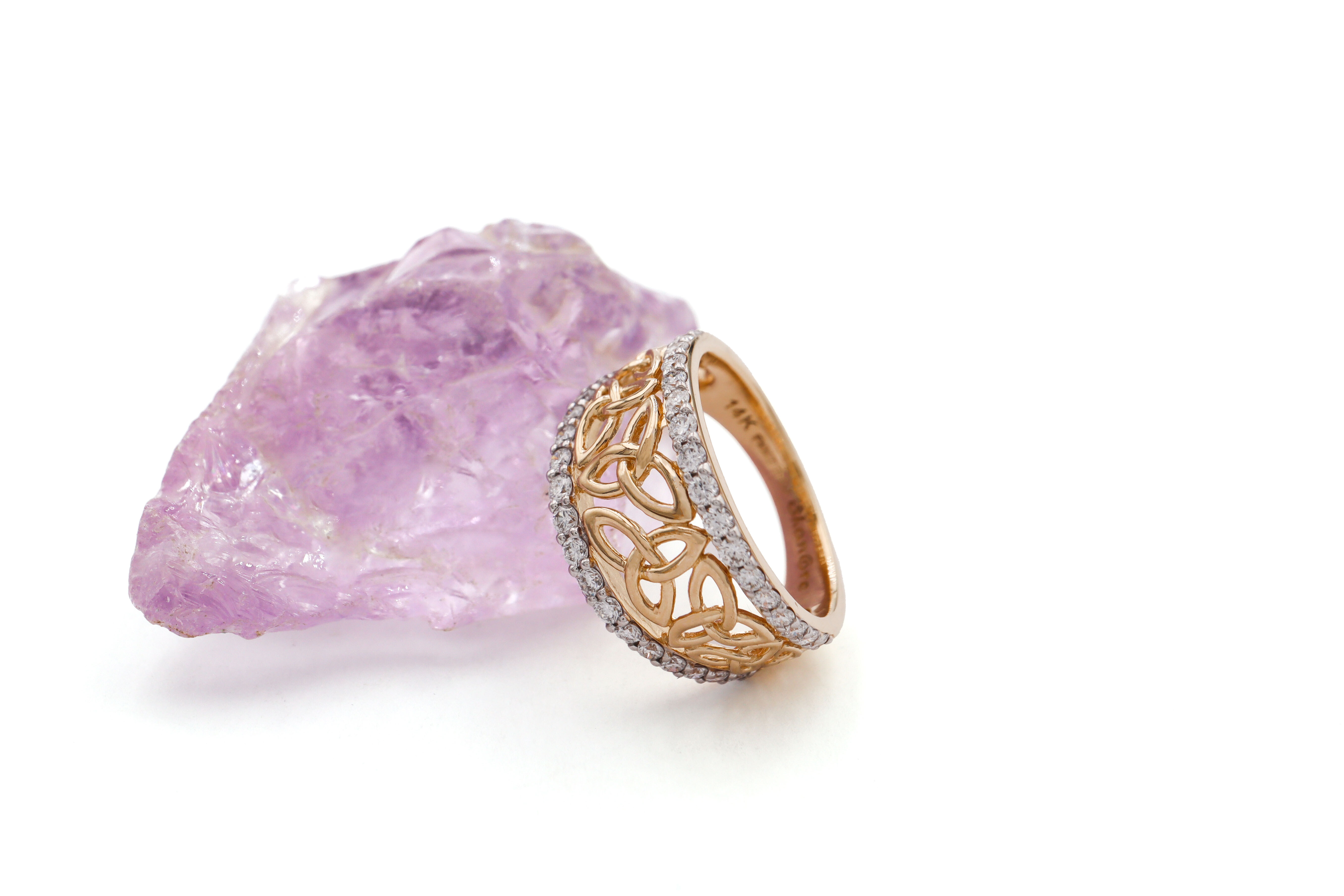 Womens Polished Trinity Knot 0.02ct Lab Grown Diamond Anniversary Ring in Real 14K Yellow Gold. Side View.